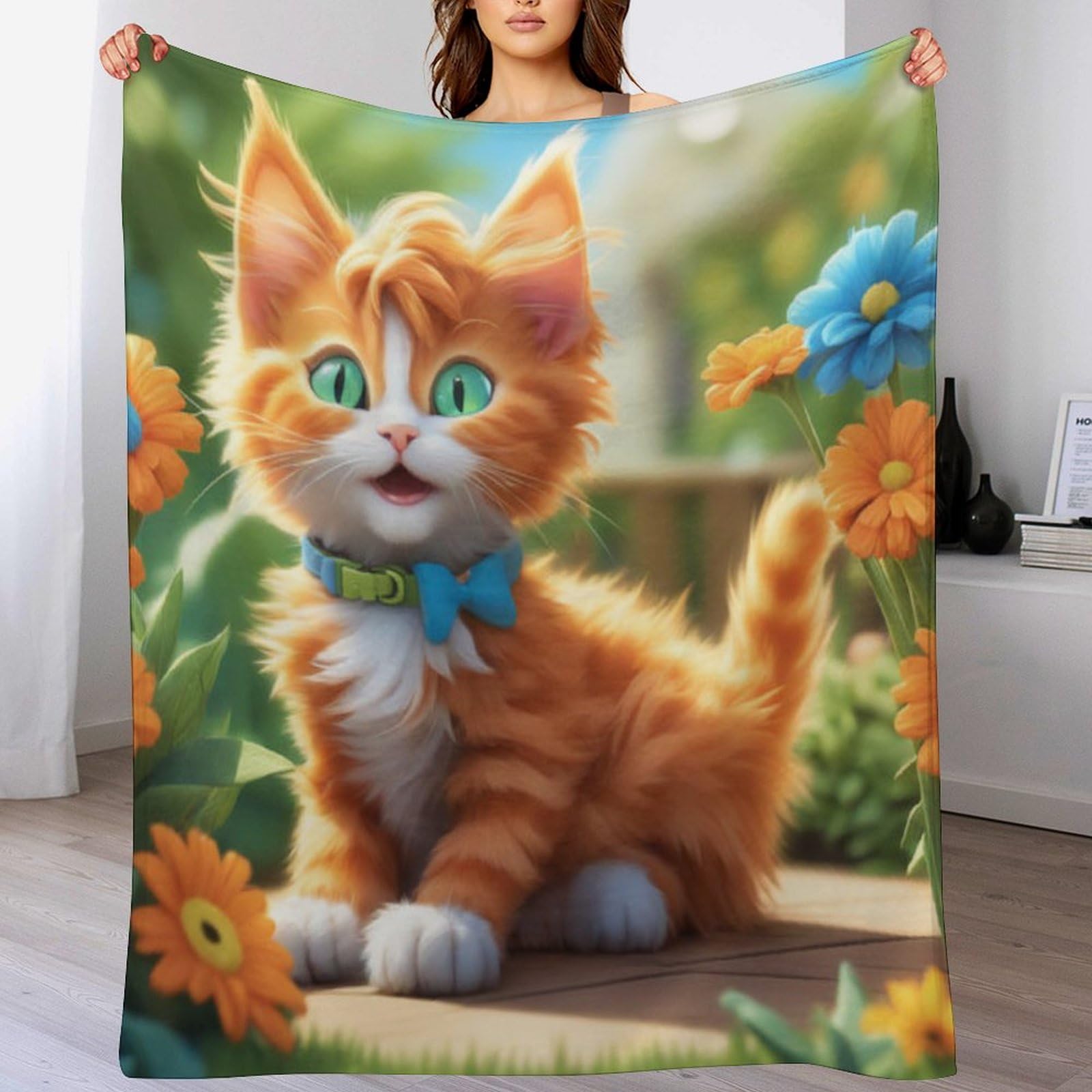 Plaid chat mignon en polaire 140x180cm jeté de canapé en flannel