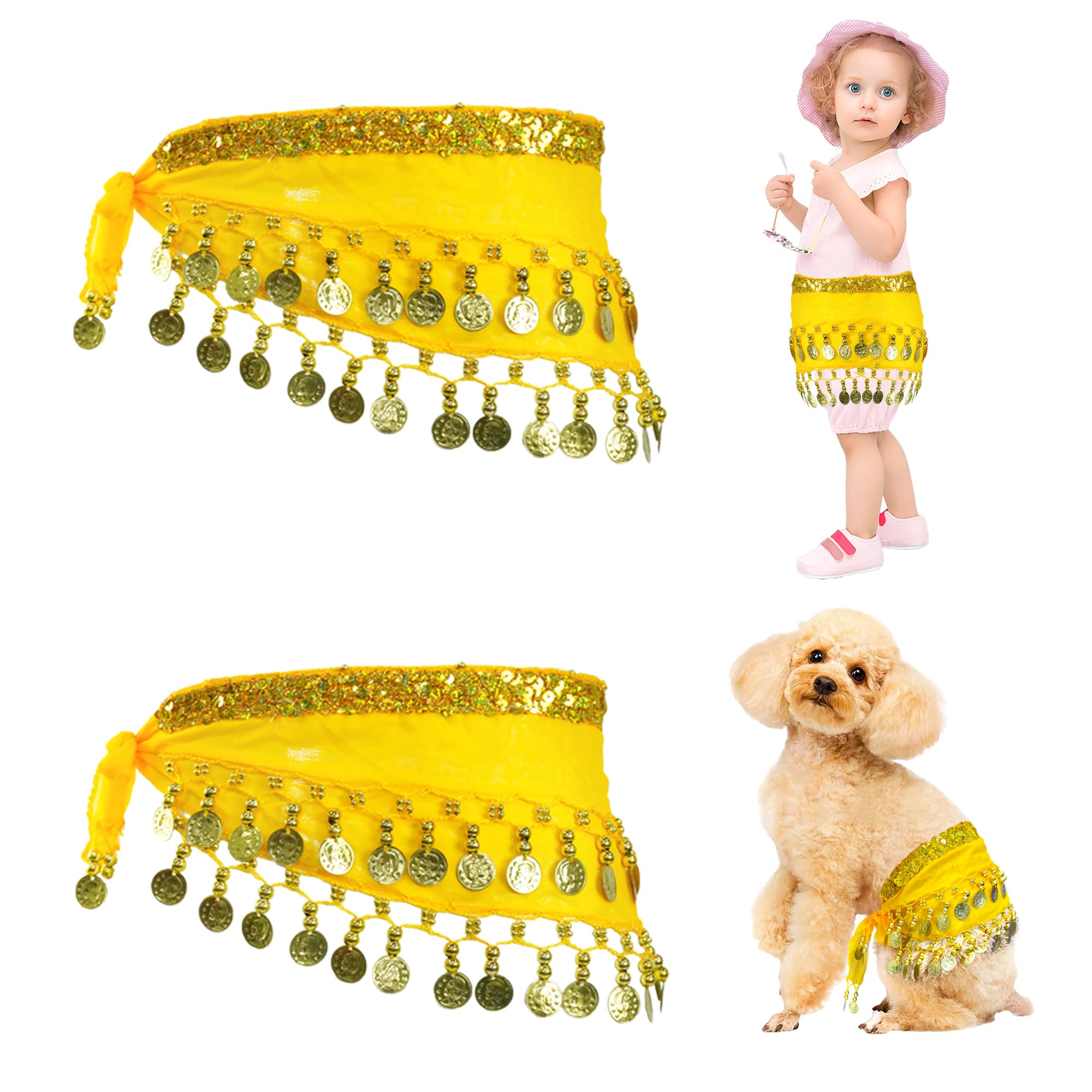Baisdan 2 Pcs Belly Dance Hip Scarf for Dogs Adjustable Dog Belly Dancer Skirt with Sequin & Coins