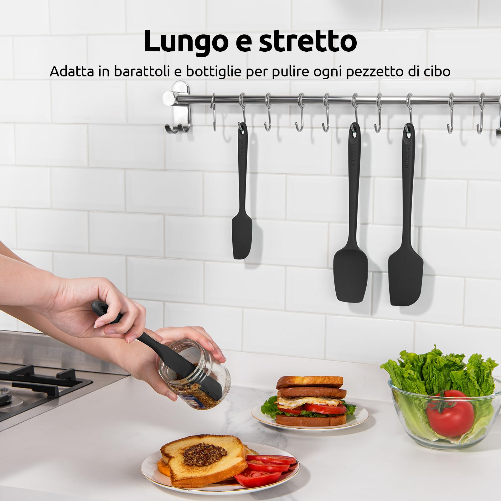 Silicone Cucina Spatola Set 4: U-Taste 315℃ Resistente al Calore Leccapentole in Gomma, Utensili per Pasticceria Antiaderenti Antigraffio senza BPA per Cucinare e Cuocere (Nero)