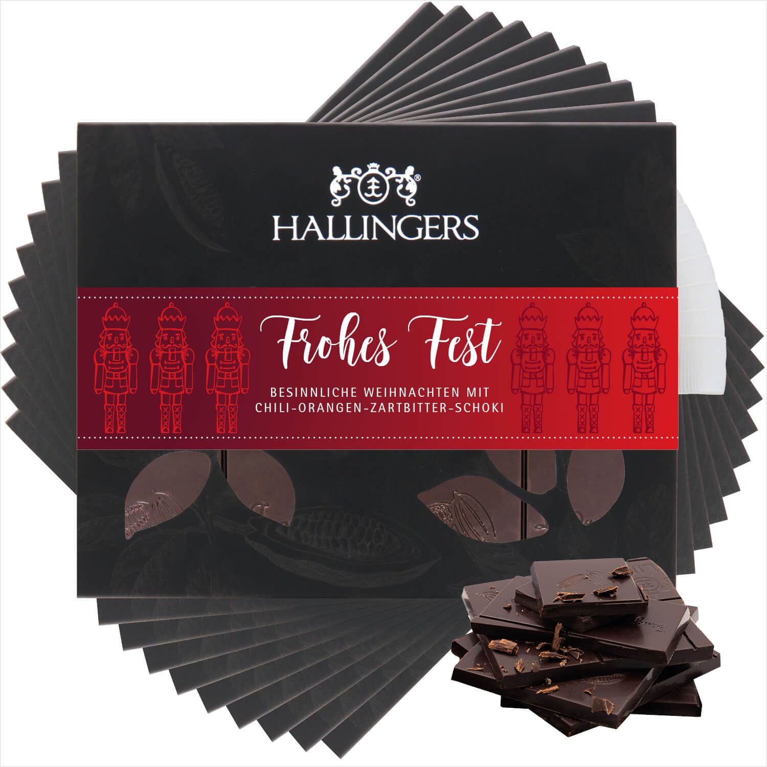 Hallingers Genuss Manufaktur Vegane Schokolade Weihnachts-Geschenk - Tafel handgeschöpfter Edelkakao ohne Alkohol edler Karton 10x "Frohes Fest" Orange-Chili, Weihnachten für Frauen Männer