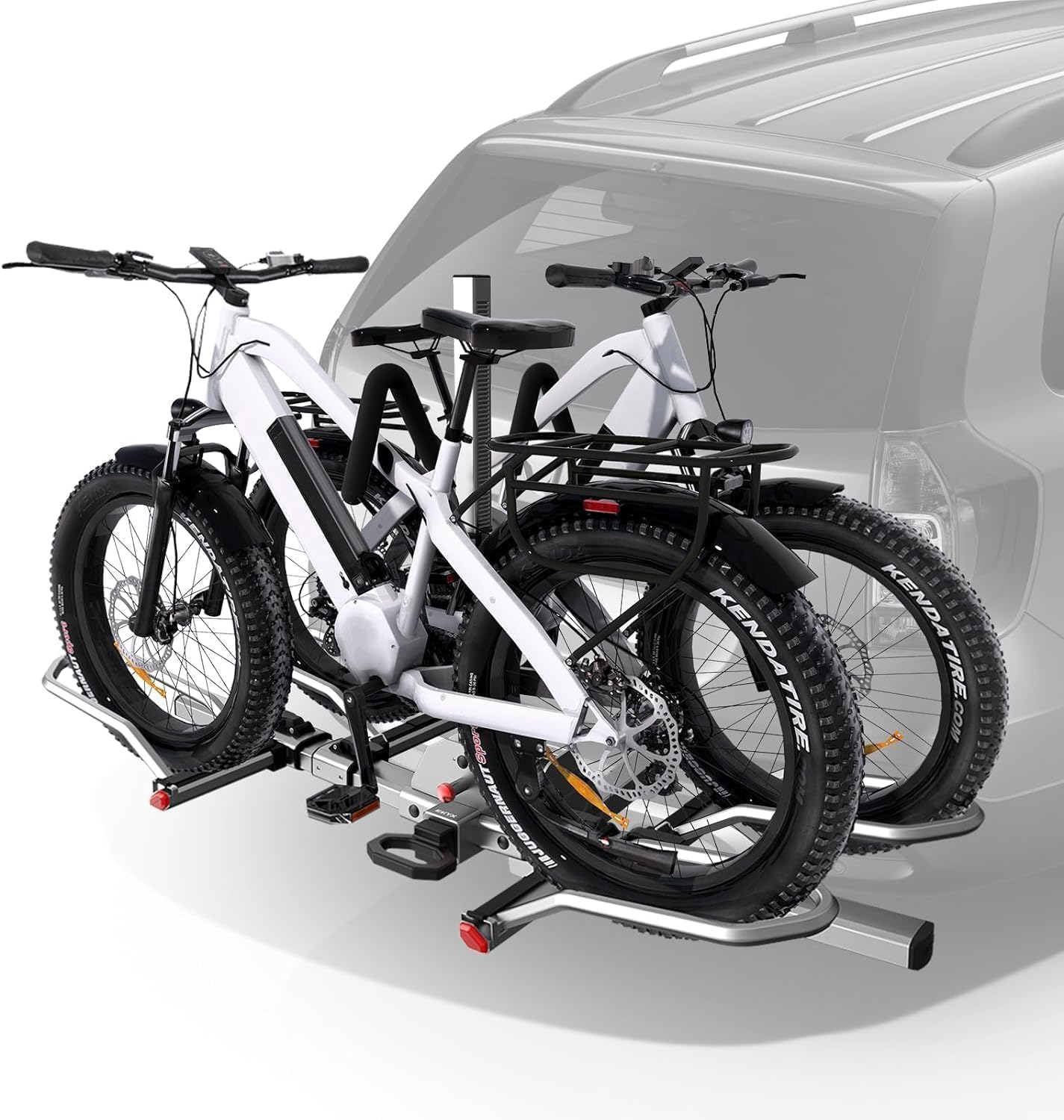 KYX Bagażnik samochodowy na rower 81,6 kg, maksymalne obciążenie, hak holowniczy do roweru elektrycznego, 12,7 cm Fat Tire Bike, składany kompaktowo, odchylany w dół, podwójny system zapobiegający