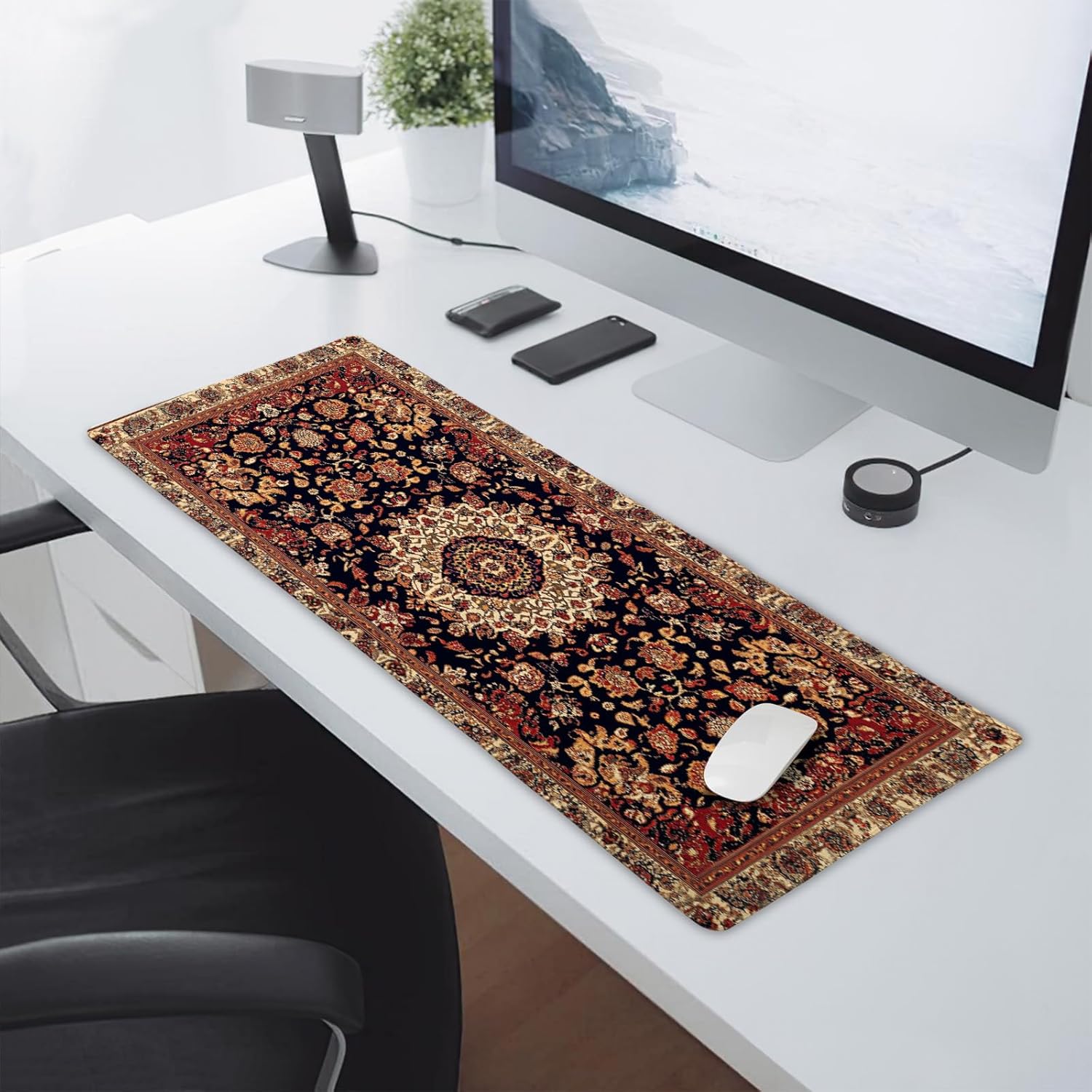 Vintage Rug Gaming Mouse Pad XL Dark Brown Retro Carpet Aesthetic Extended Large Mat Mousepad Desk Pad Non-Slip Rubber Base Stitched Edge Flower Keyboard Pad Playmat for Computer,31.5×11.8 Inch - Image 5