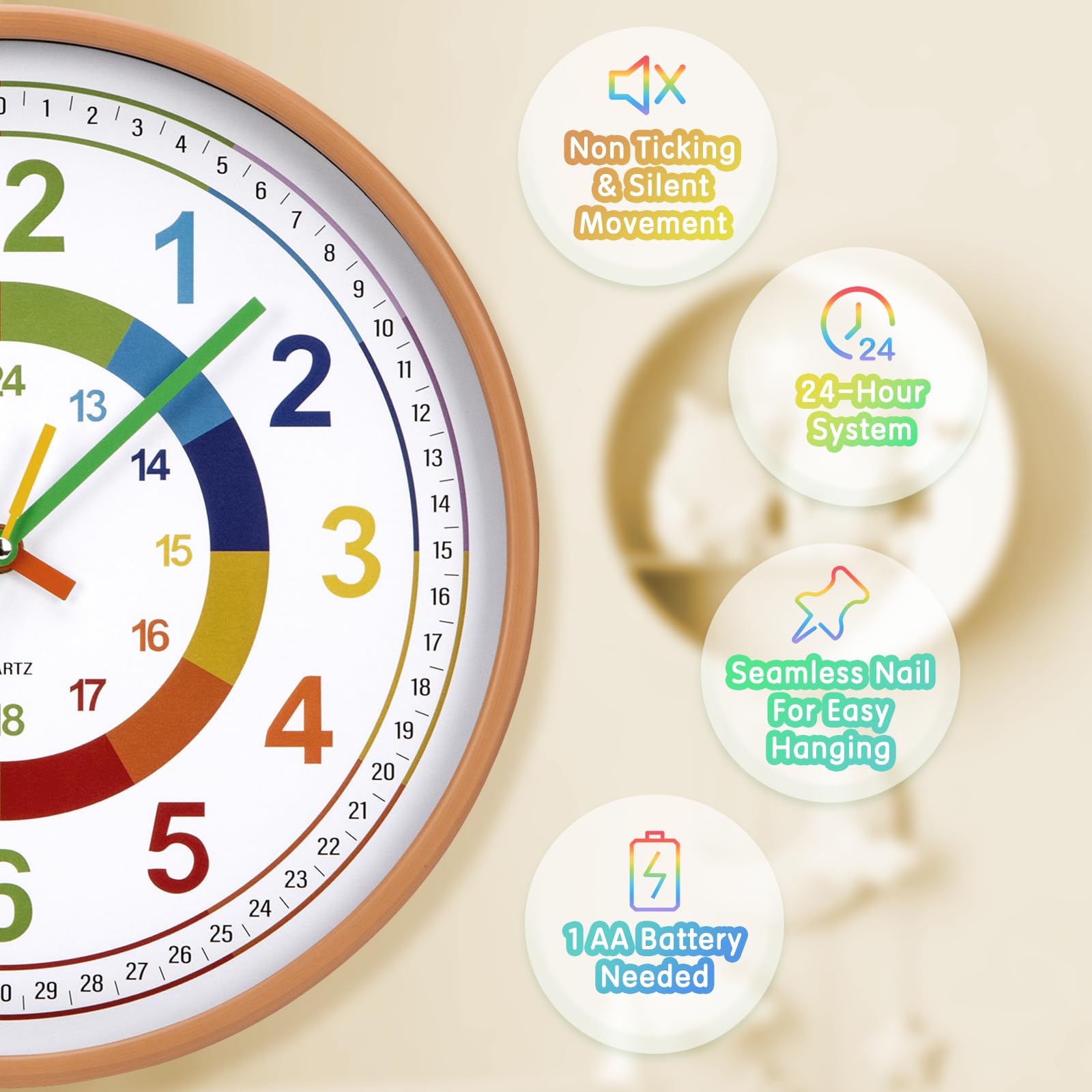 Wanduhr Kinder lautlos 30 cm Ablesen Farbenfrohe Kinderwanduhr Lernen Wohn- /Schlaf/Kinderzimmer großes Ziffernblatt Büro (Holzmaserung)