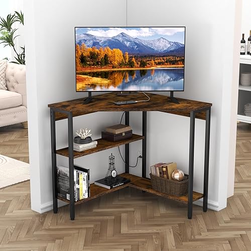 Miniatura 8 de Auromie Corner Desk with Outlets & USB Ports, 90 Degree Triangle Corner Table with CPU Stand & Storage Shelves for Small Space, Computer Table with