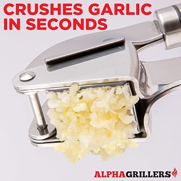 Alpha Grillers Garlic Press Stainless Steel - Easy to Clean, Rust-Proof, Dishwasher Safe - Stainless Steel Garlic Press, Mincer, Crusher with Silicone Peeler & Cleaning Brush
