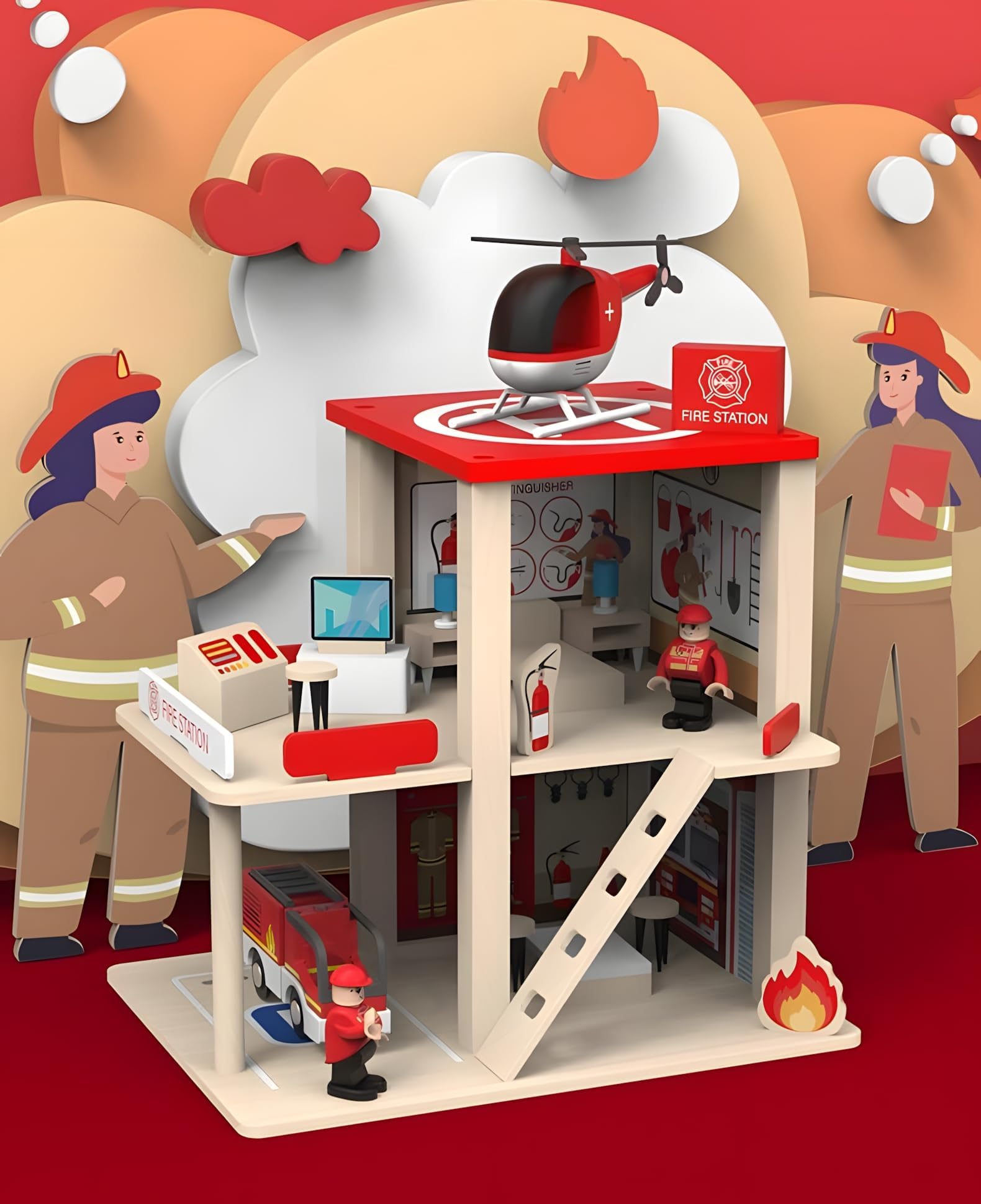 Wooden Fire Station Playset, Pretend Play Dollhouse,Multicolor 3-Level with Figures, Truck, Helicopter and Accessories