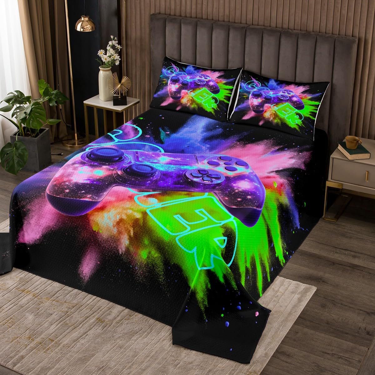 jejeloiu Twin Size Gamer Gaming Bedspread for Kids Boys Girls 3D Gamepad Pattern Coverlet Set Purple Pink Green Games Console Quilted Coverlet Bedroom Decor Soft Microfiber 2Pcs