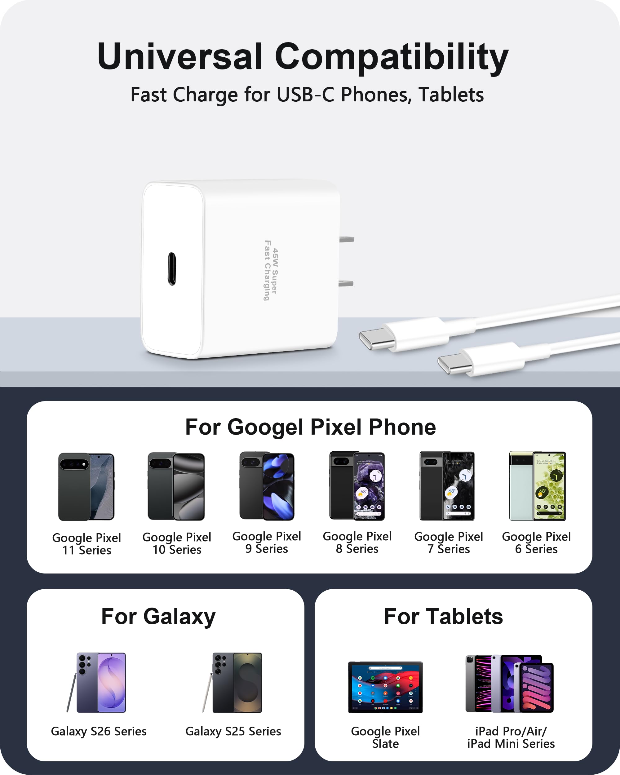 Cargador rápido USB C de 45 W para Google Pixel 10/10 Pro/10 Pro XL/9/9 Pro XL/Fold/8/8a/8 Pro/7/6/5, bloque de carga tipo C de 45 W y cable USB C largo de 10 pies de carga rápida para iPhone 17/17