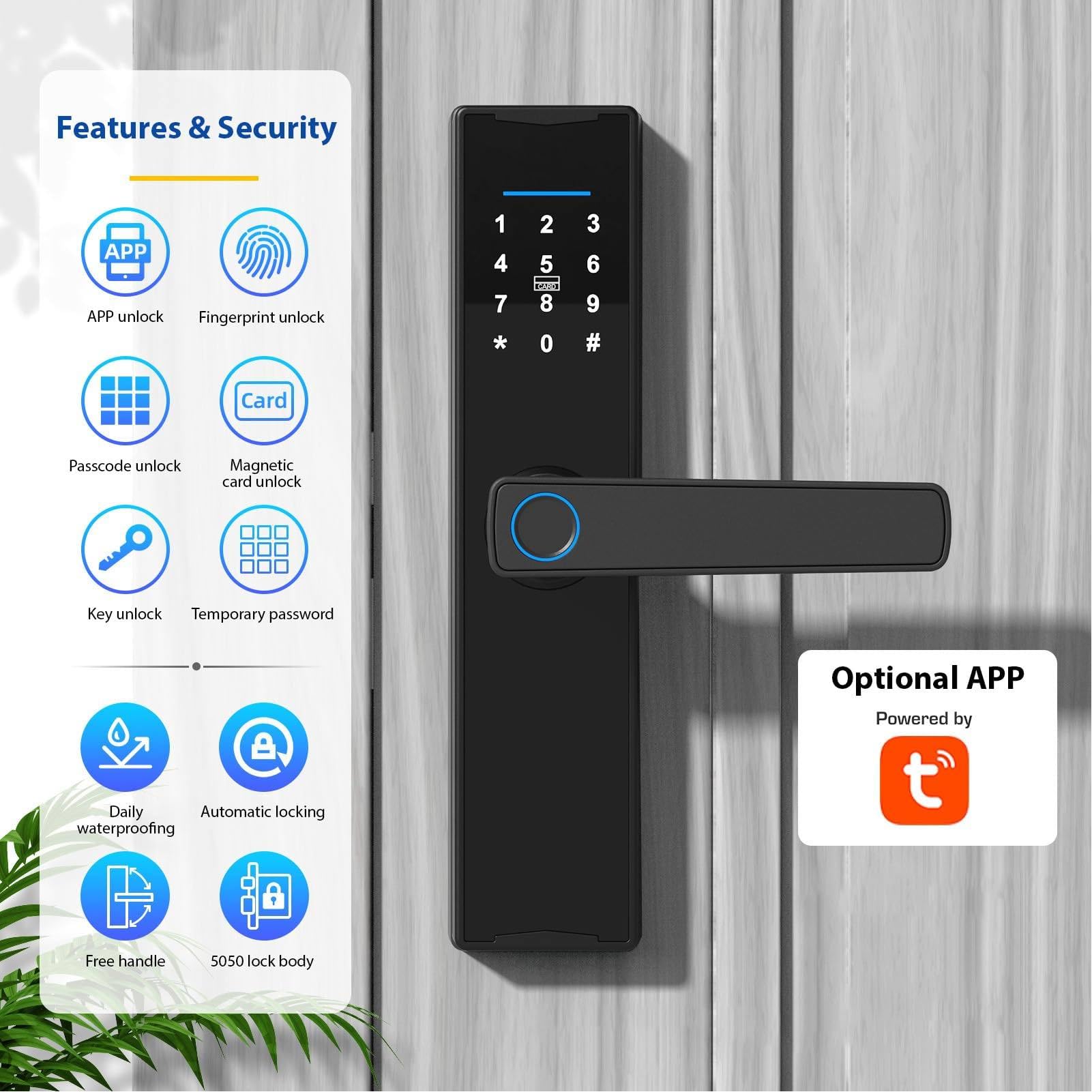 Serrure Connectée Tuya WiFi, avec Clavier Et Poignée, Lecteur D'empreintes Digitales, Verrou électronique, Déverrouillage par Application, Empreinte Digitale, Carte, Clé Ou Code