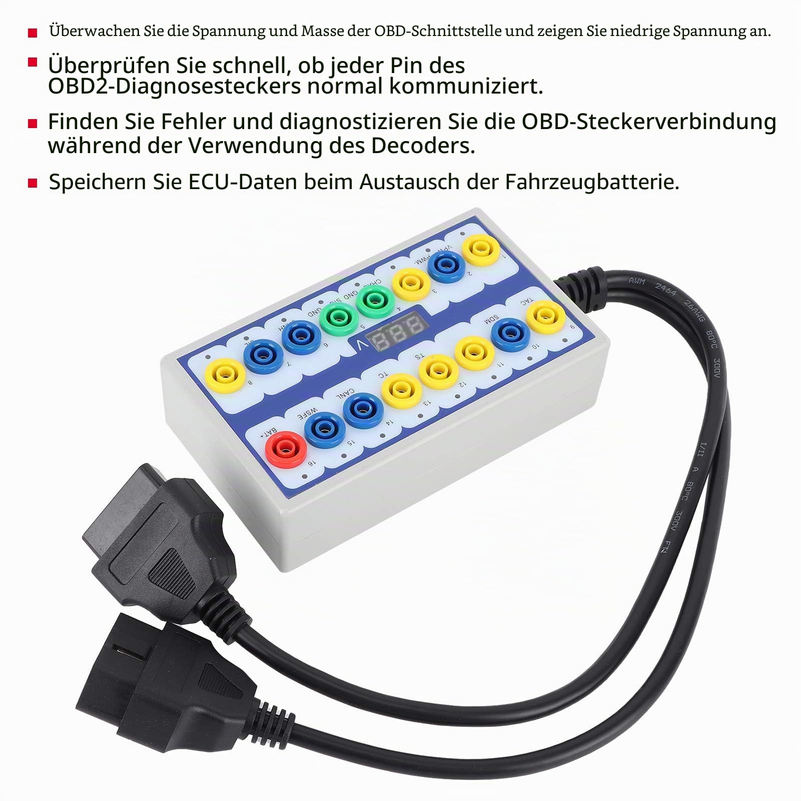 OBD 2 Breakout Box, 16 Pin OBDII Autowerkzeuge Diagnosestecker Breakout Box mit Verbindungskabel passend für Auto OBD 2 Line Signal Judgement
