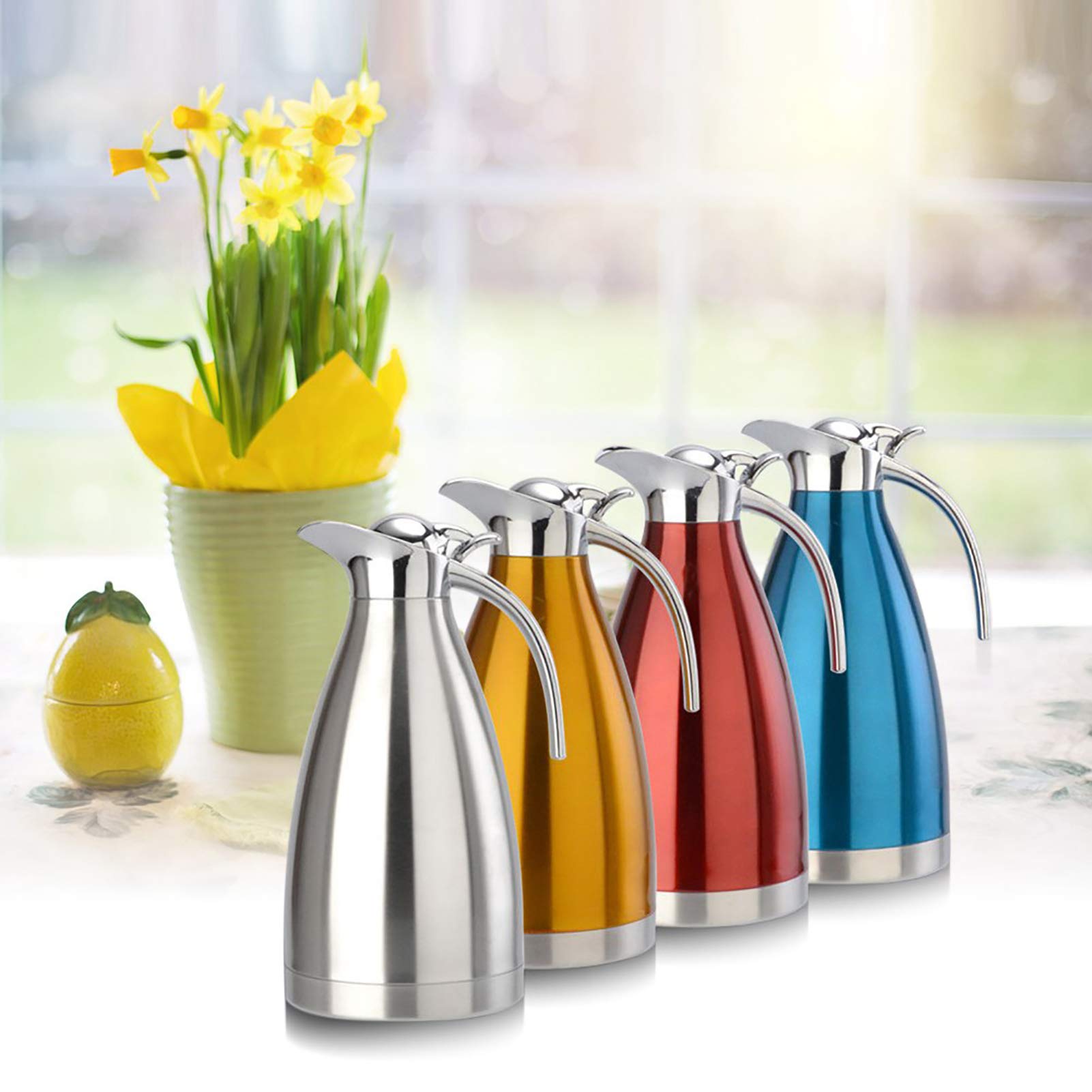lyrlody Caraffa Termica per caffè in Acciaio Inossidabile con Coperchio/Termo Sottovuoto a Doppia Parete/ritenzione del Calore per 12 Ore 1,5-2 Litri(2L-d'Argento)