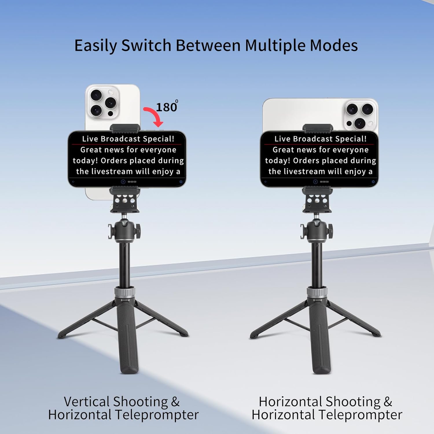 Dual Phone Holder with Selfie Stick Tripod for Live Streaming and Teleprompter on TikTok YouTube, Compatible with iPhone Samsung and Other Smartphones