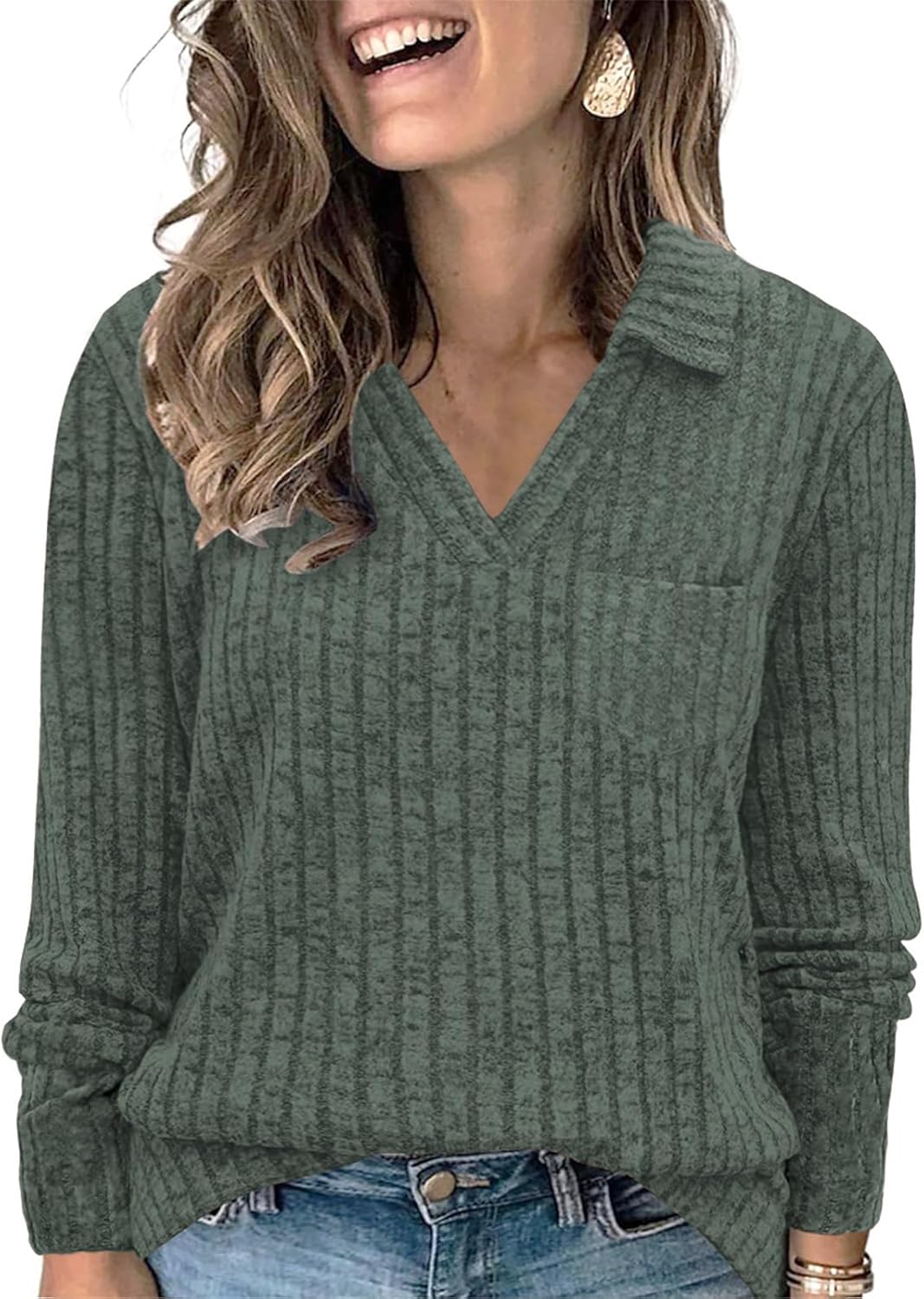 VISLILY Womens-Plus-Size-Tops Collared V Neck Polo Shirts Lightweight Long Sleeve Sweaters Trendy Pocket Decor Tunic Blouses