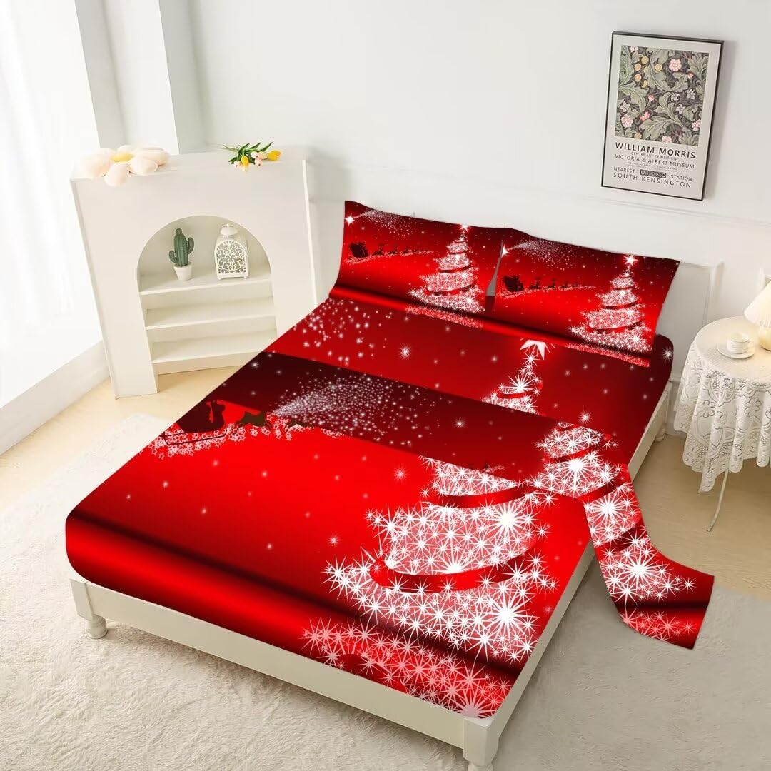 kxry Merry Christmas Fitted Sheet Set Santa Claus Deer Christmas Tree Galaxy Red Bedding Set Queen Size for Girls Boys Kids 1 Fitted Sheet + 1 Flat Sheet + 2 Pillow Cases