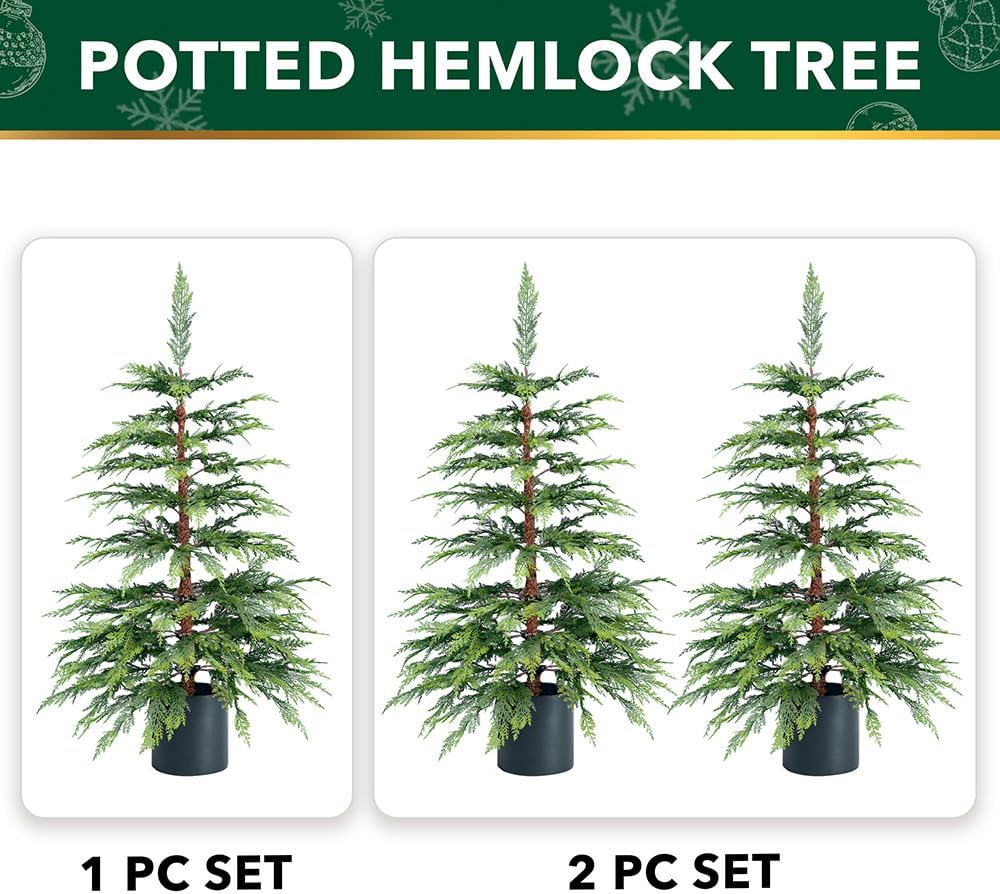 Pre-Lit Potted Hemlock Artificial Tree with Warm White Lights, Indoor Outdoor Holiday Decoration, Waterproof Battery Box, 3FT or 4FT (1, 3FT)
