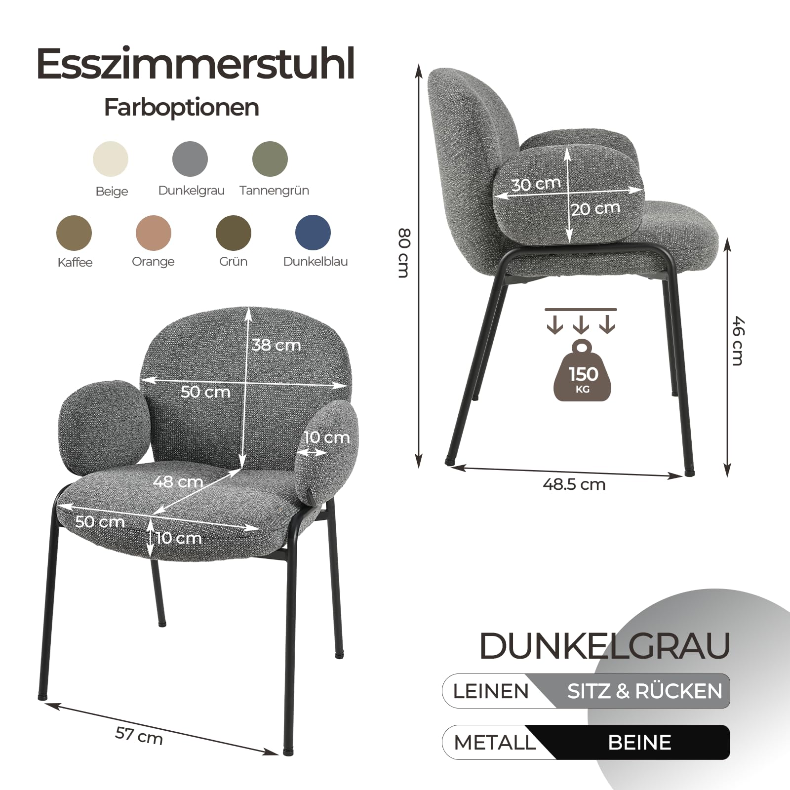 Set di 2 sedie da sala da pranzo, grigio scuro con bracciolo, moderne sedie imbottite con schienale alto, struttura in metallo, piedini regolabili in altezza, per soggiorno, sala da pranzo