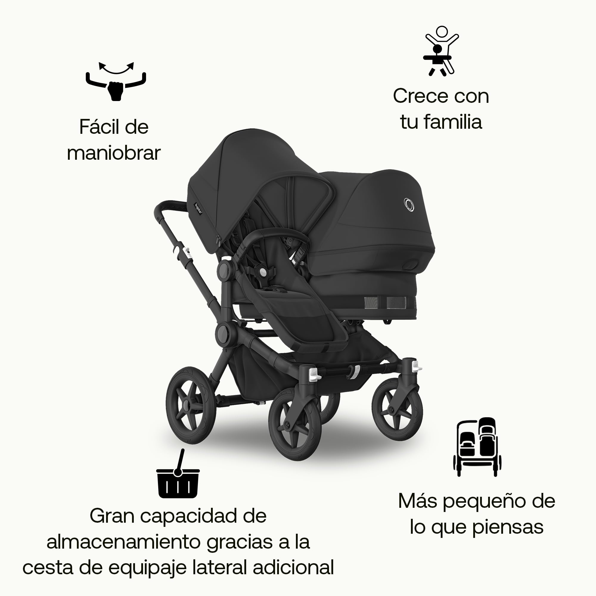 Bugaboo Juego de Extensión Donkey 5 Duo, Convierte tu Donkey 5 Mono en un carrito Duo, De Lado a Lado, Diseño Mejorado, Silla Reversible y Dirección a Una Mano, Midnight Black
