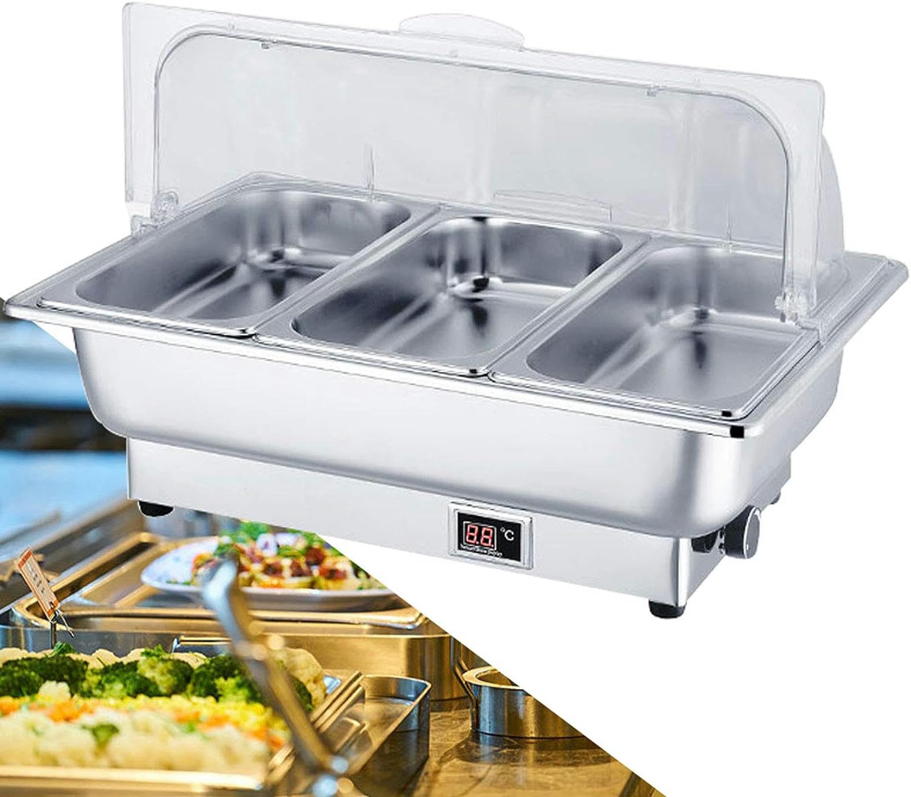 Chafing Dish, Scaldavivande Elettrico Acciaio Inox, Contenitore Scaldavivande Termico Scalda Cibo Commerciale per Buffet, Temperatura Regolabile (35-85 °)