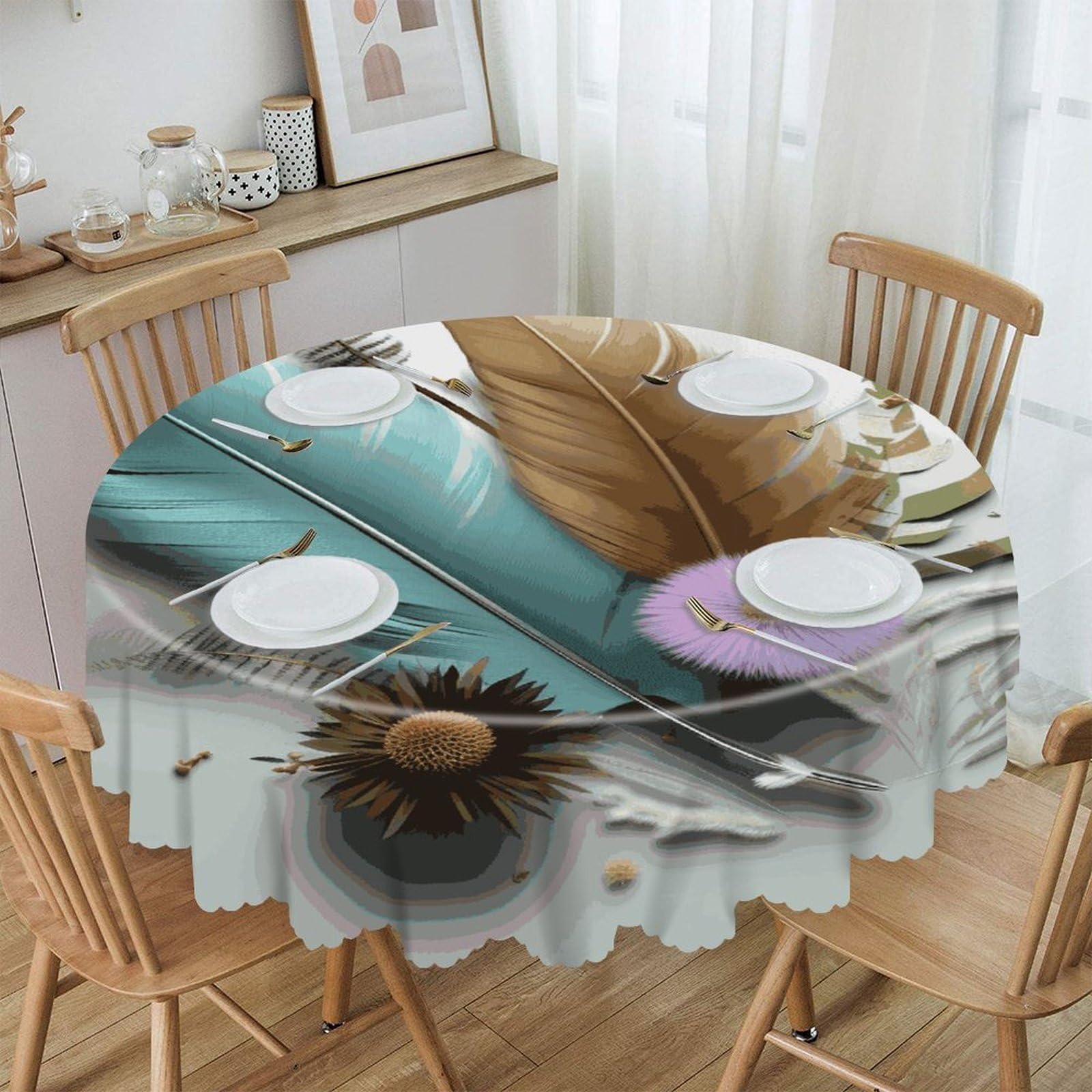MUSM Feather Flower Table Cloths Round Wrinkle Resistant Tablecloths Washable Polyester Table Cover Waterproof Decorative Washable Rustic Circle Tablecover for Kitchen Dining