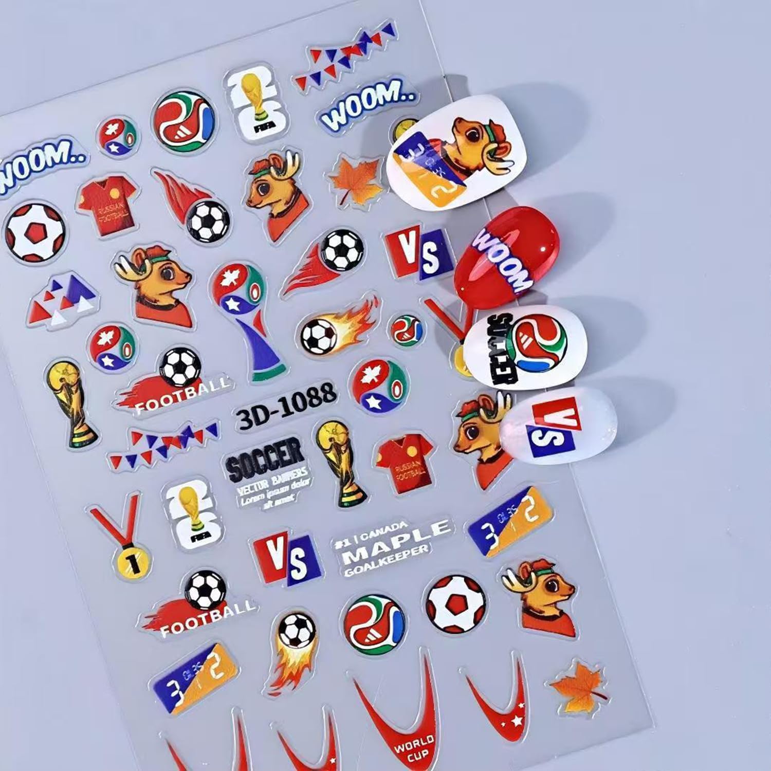 World Cup Soccer Nail Art Stickers 6 Sheets, Zoance Football Trophy Nail Decals 2026 World Cup Team Themed, 3D Self-Adhesive Nail Stickers for Women Fans Party Nail Decorations