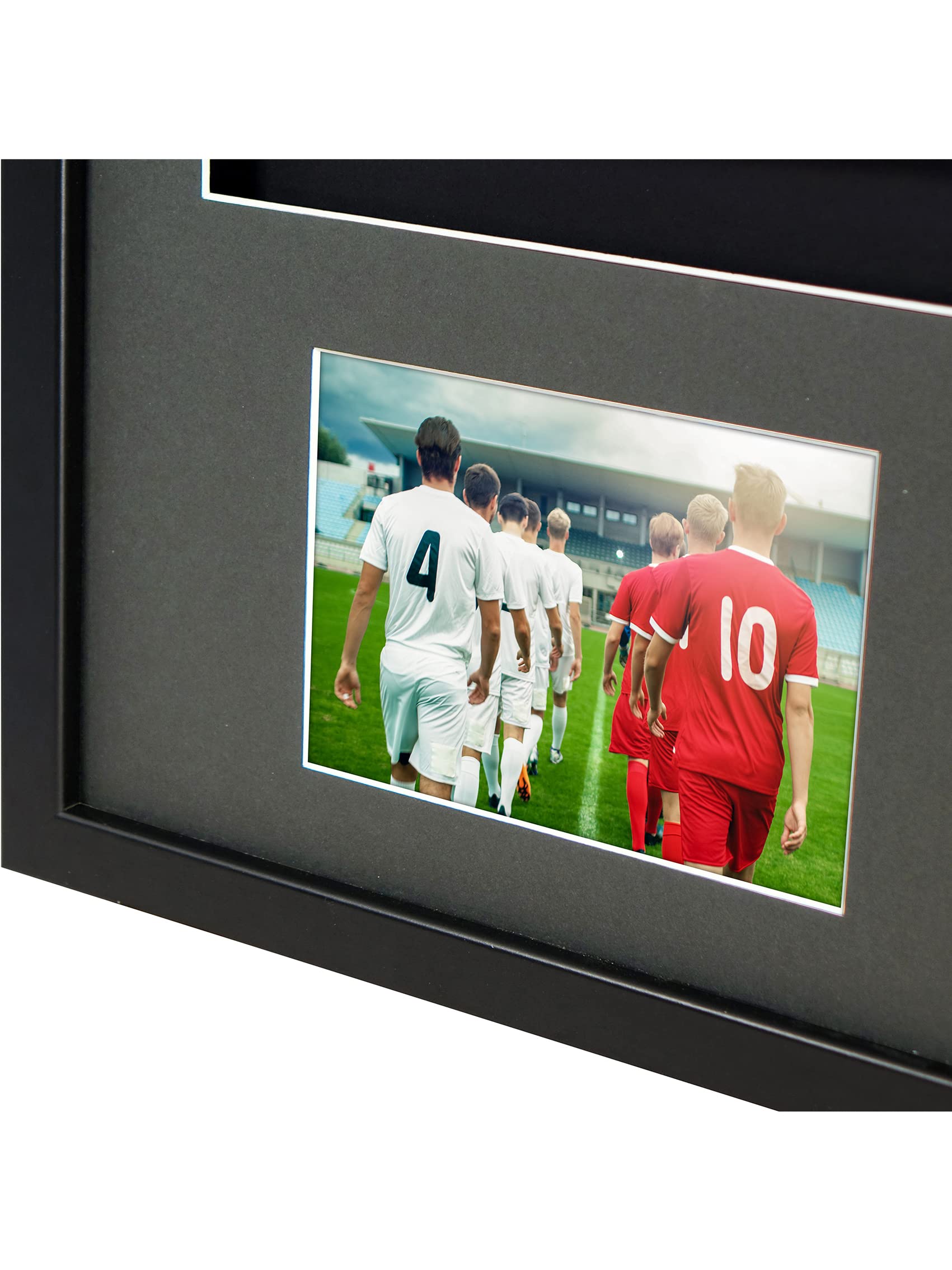 Vivarti DIY Junior 3D Montado + Marco de exhibición de camisa deportiva de doble apertura para camisa de fútbol, tamaño, 59,4 x 84 cm, marco negro, soporte plateado, tarjeta trasera negra