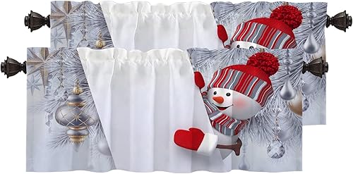 Cenefas de cocina con diseño de Navidad plateadas, media ventana, bolas de Navidad con muñeco de nieve, decoración opaca de Feliz Navidad, cortinas disponible en Yaxa Colombia