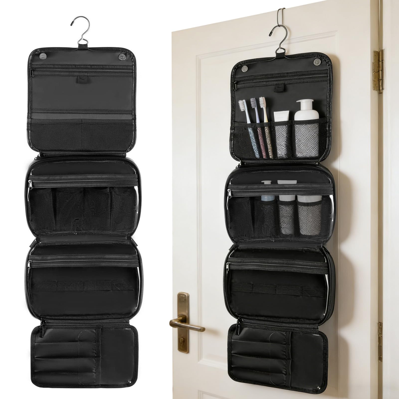 Organizer per articoli da toeletta sospeso in pelle PU, grandi borse per cosmetici per la cura e gli articoli da toeletta, regalo per uomini, Nero , 10.63x8.27x6.69Zoll, Stile retr