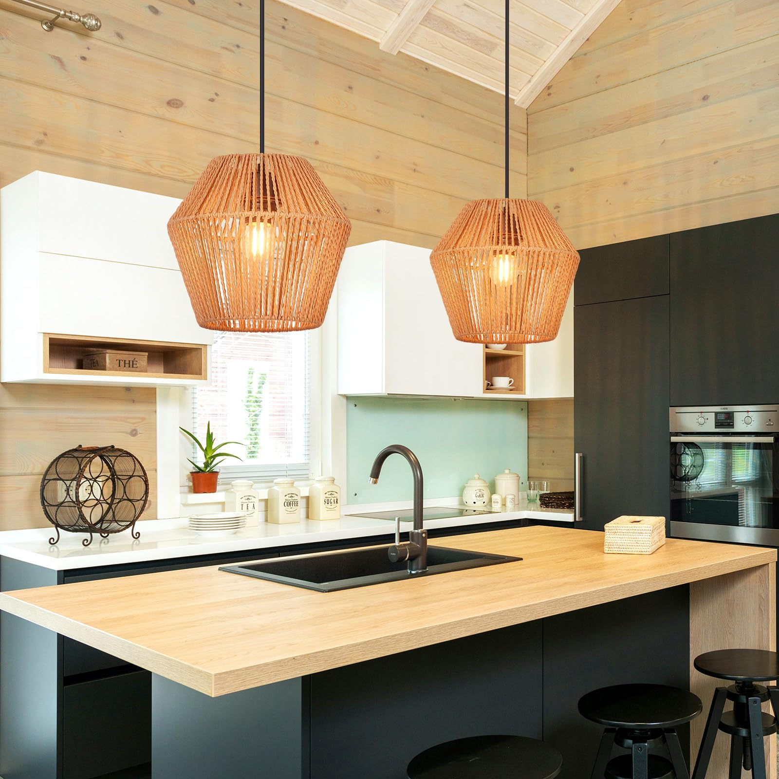 E27 Suspension Lampe En Bois De Rotin Massif Pour Salle à Manger Vintage, Luminaire Suspendue En Bois Table à Manger Ronde, Plafonnier LED Rustique Pour Salon, Cuisine, Bureau, Moderne Lustre, 30cm