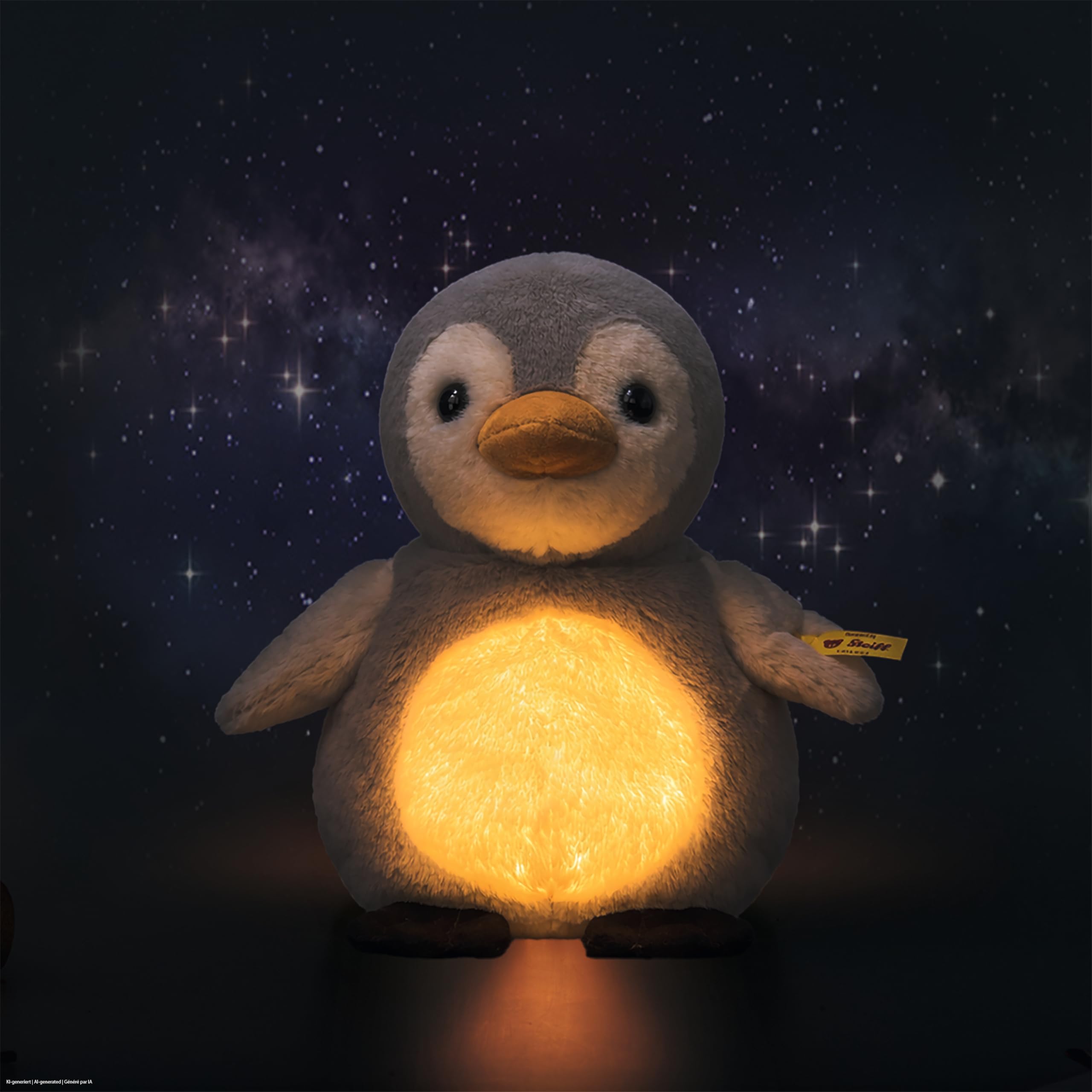 Steiff Kuscheltier mit Nachtlicht Lio Pinguin, Süßes Stofftier mit Kunststoffaugen, Kinder, Jungen & Mädchen, Friends, 22 cm, Hellgrau, 242847