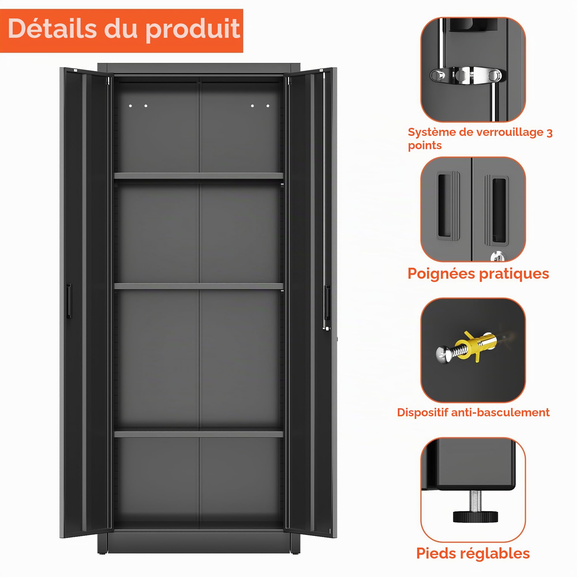 Armoire de rangement en métal avec 2 portes et 3 étagères réglables, armoire de rangement verrouillable de 170 cm, garage, maison, bureau, assemblage facile requis (noir)