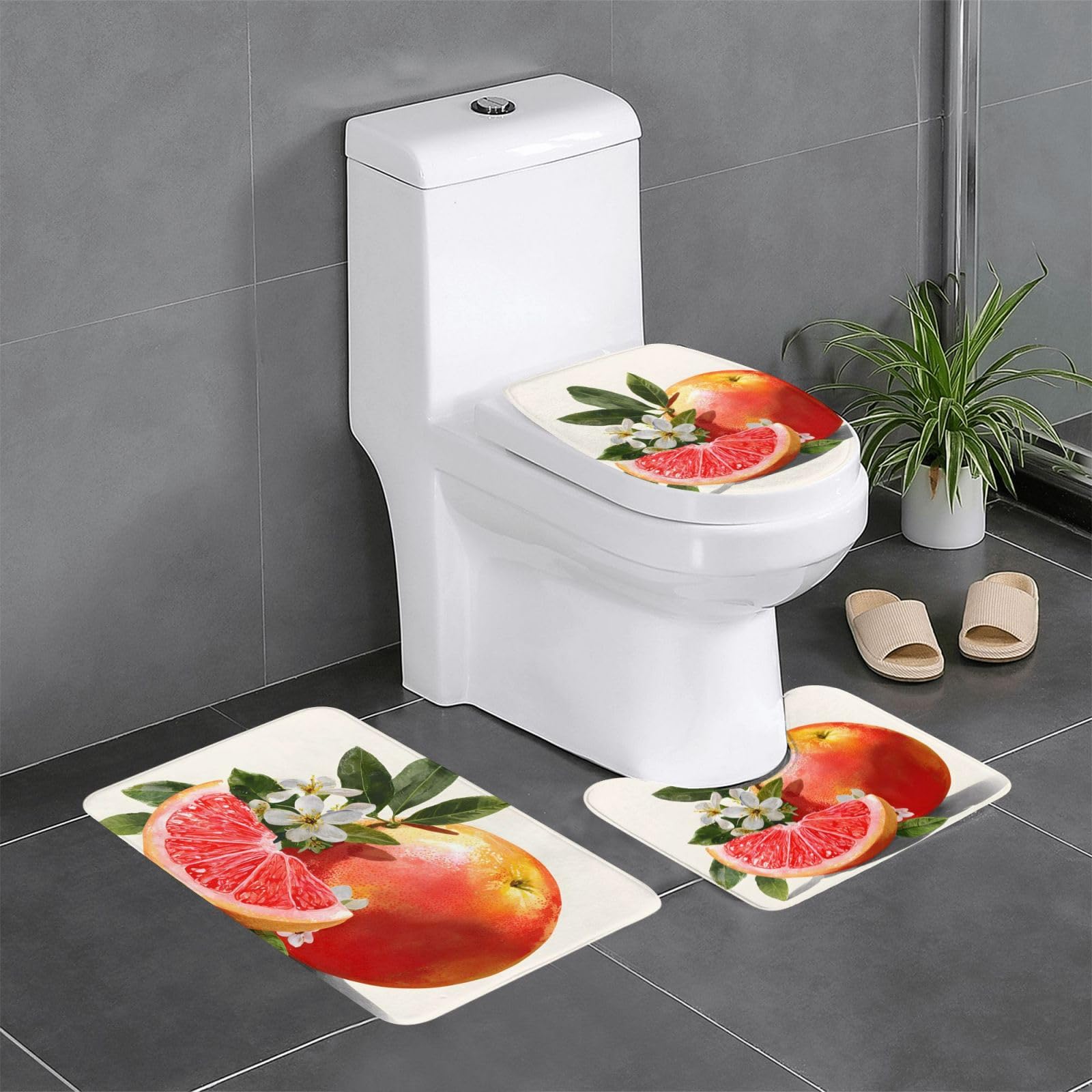 Tapis de salle de bain lot de 3 avec contour WC pamplemousse rouge