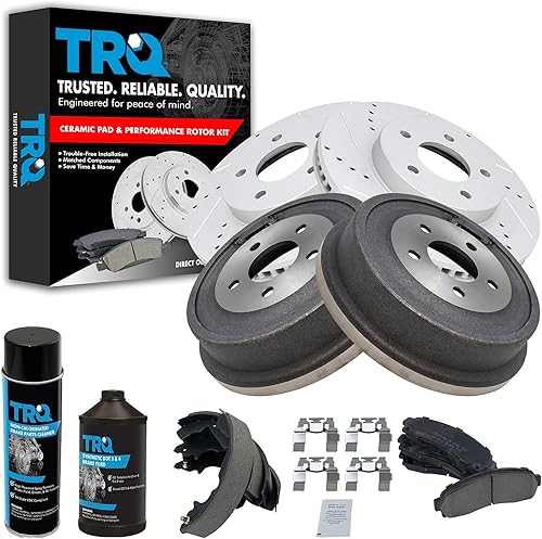 TRQ Pastillas y rotor de freno delantero y trasero, kit de zapata y tambor de cerámica de alto rendimiento con revestimiento en G ranurado X