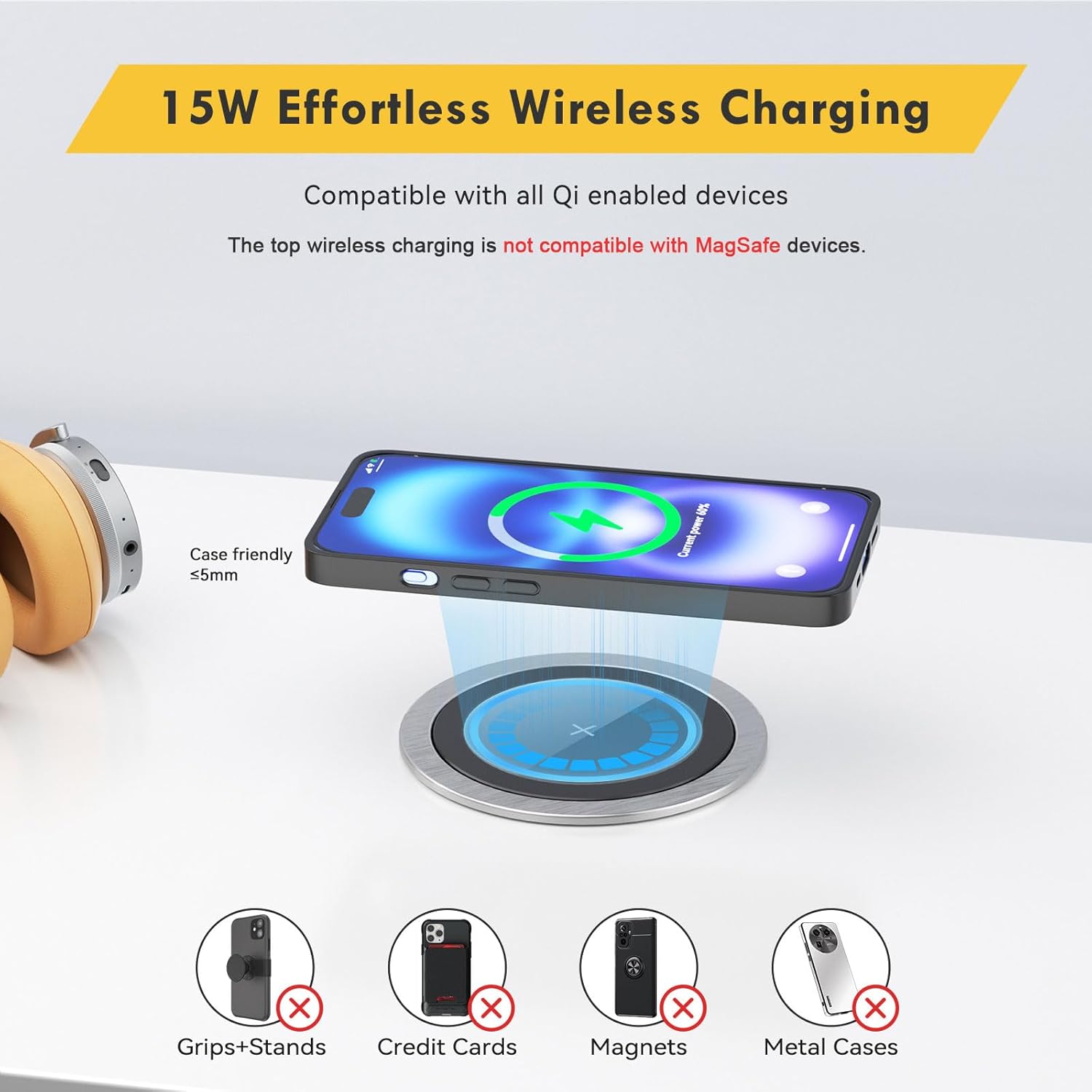 Kungfuking Pop Up Outlet for Countertop Kitchen, 15W Wireless Charger, 75W USB C Counter Top Electrical Power, 8 Outlets & 4 USB Ports, 4" Hole Recessed Popup Outlet for Island Conference Table