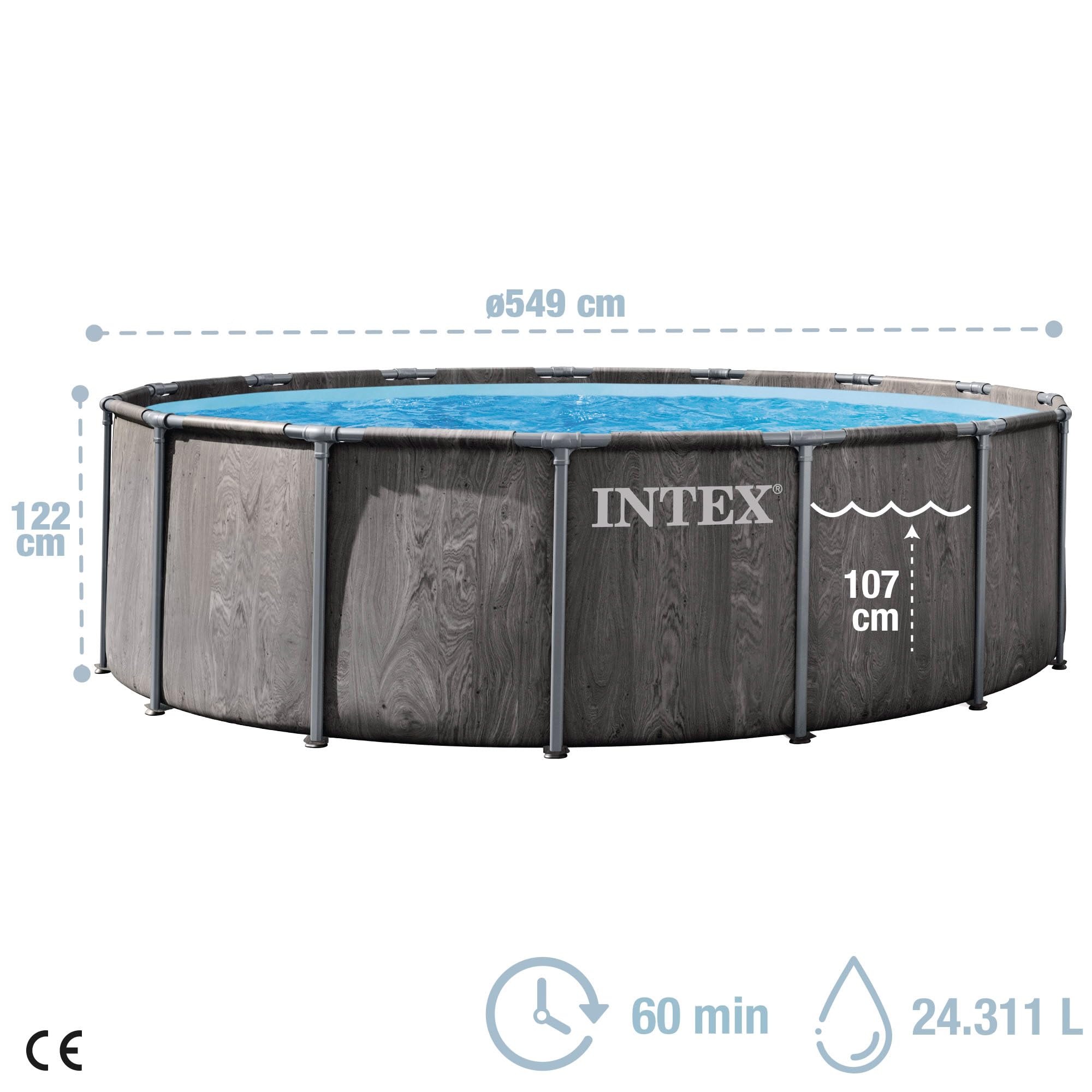 Intex - Piscina Desmontable, Greywood Prism Frame Premium, D549x122 cm, Capacidad 24.311 litros, Escalera, Tapiz, Cobertor, Depuradora Cartucho, Montaje 60 Minutos, Conexiones Ø38 mm (56094)
