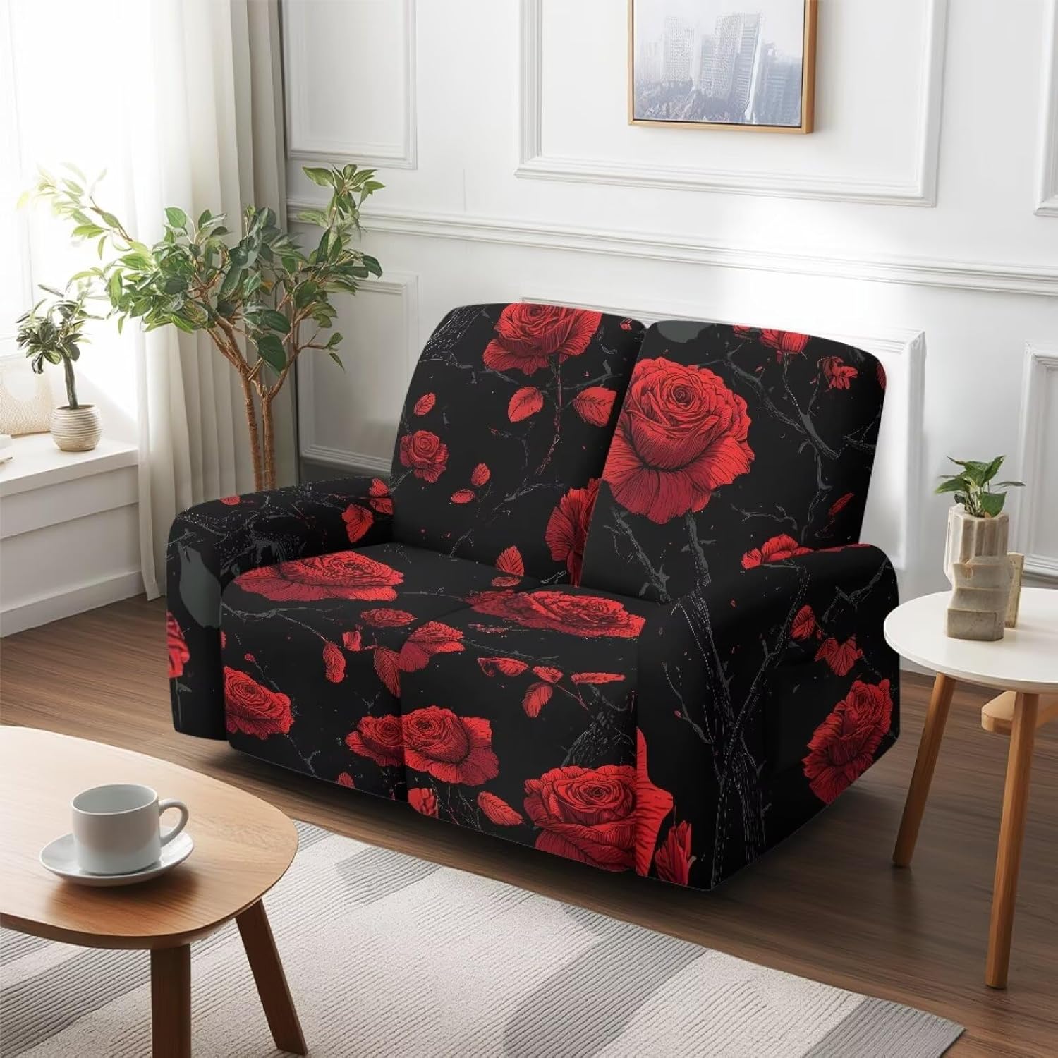Red Rose Loveseat Recliner Chair Covers Black 2 Seater Slipcover for Reclining Chair Sofa Stretchable Indoor Couch Cover Non Slip Easy to Install