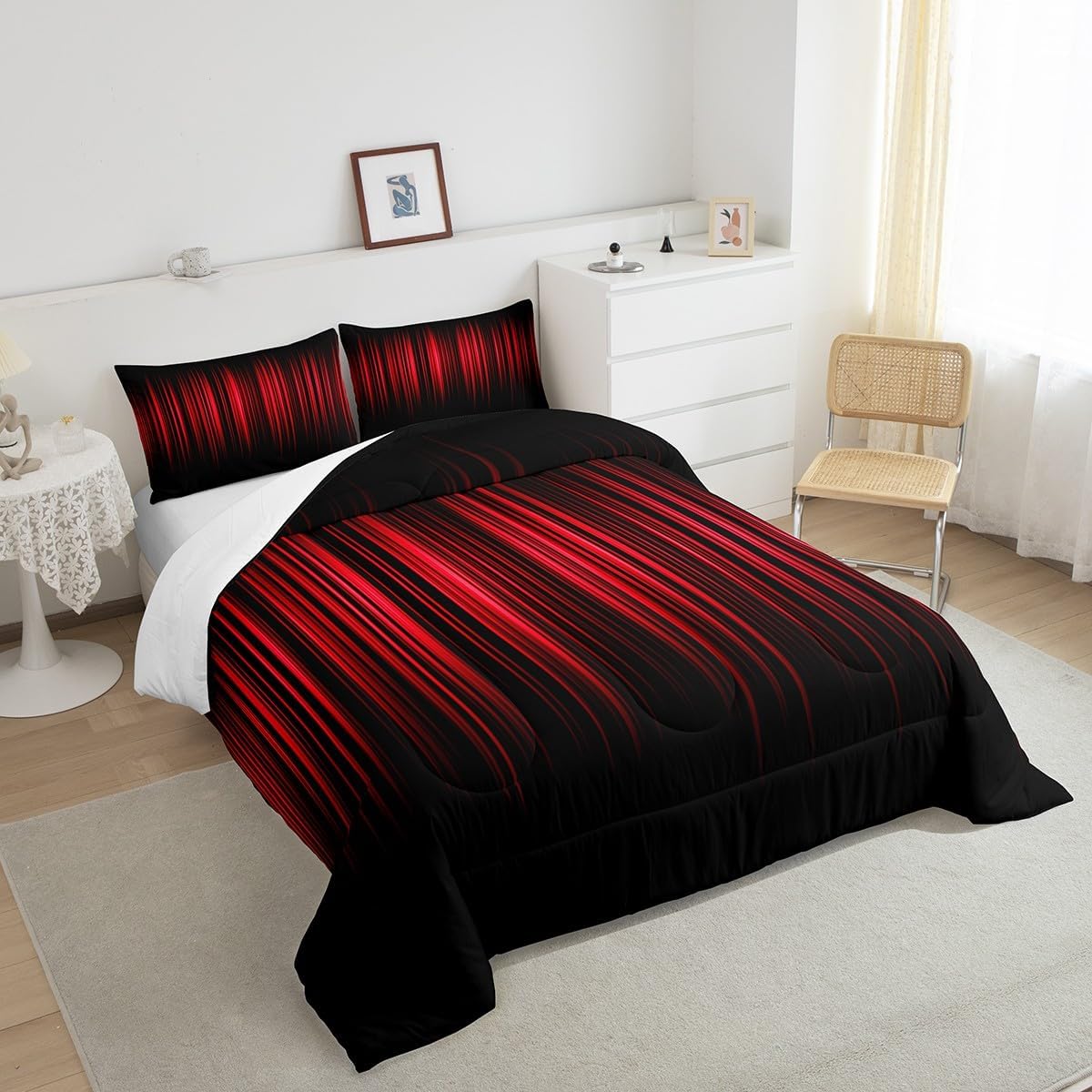 Feelyou Abstract Ombre Bedding Set Queen, Red and Black Comforter Set for Kids Red Ombre Comforter Modern Gradient Contemporary Duvet Set with 2 Pillow Case