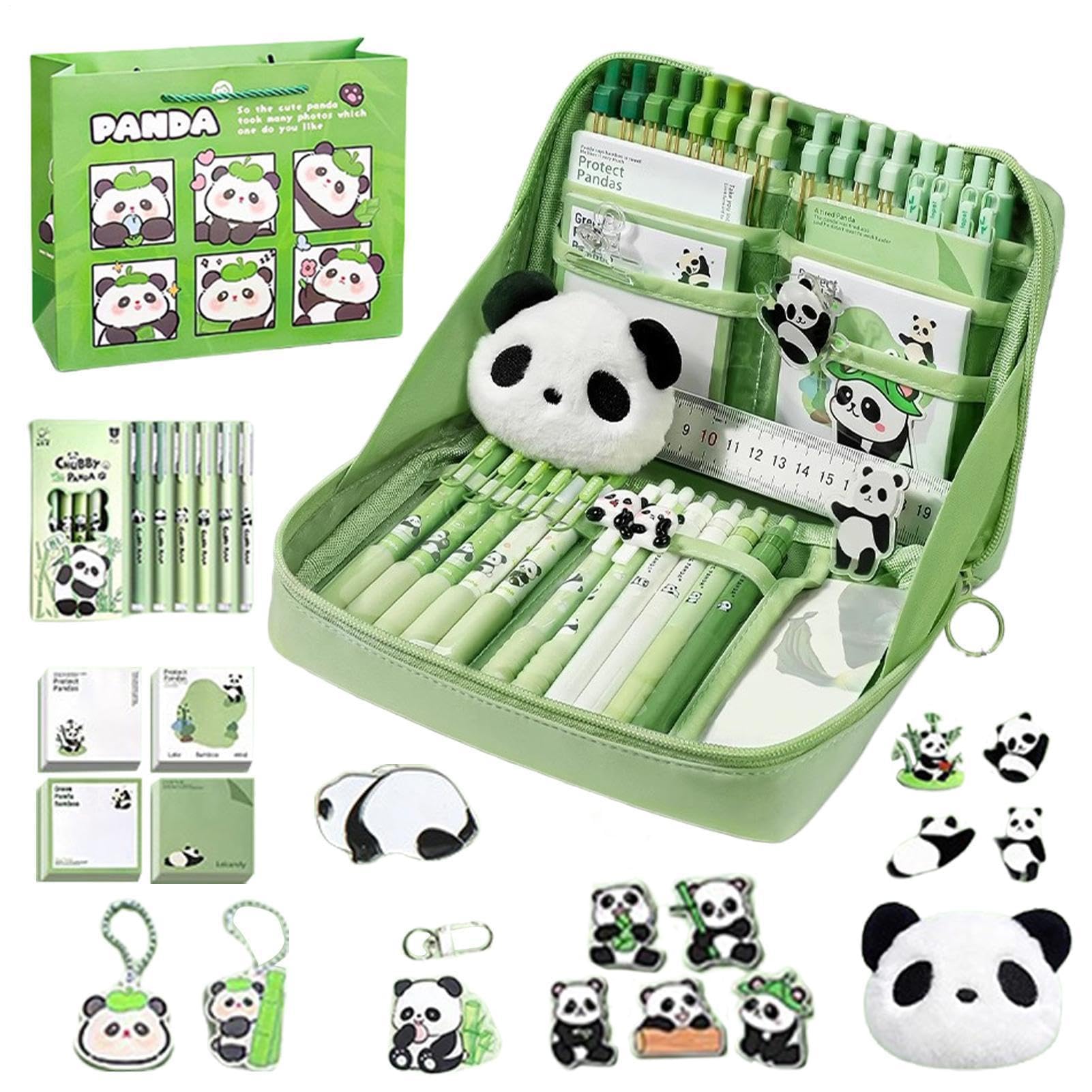 Muiltvoe Pandas Theme Stationery Set, Panda Canvas Pencil Case, For Girls Boys With Gel Pens Highlighters Mechanical Pencils Sticky Notes