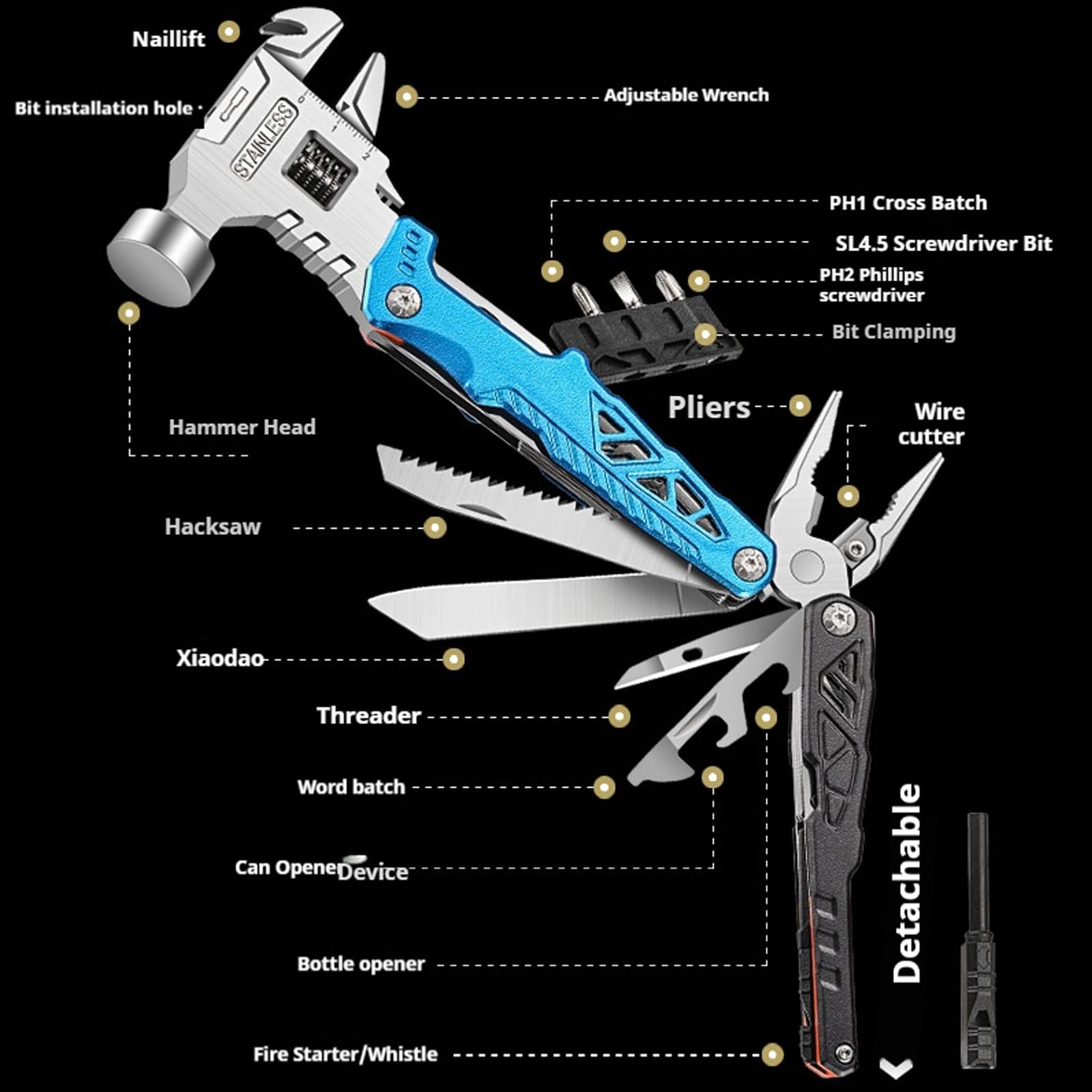 18 In 1 Multifunctional Wrench Hammer – Multitool mit Hammer, Zange, Flaschenöffner, Schraubendreher & Taschenmesser – leicht, tragbar, ersetzt die Werkzeugkiste (2PCS-2)