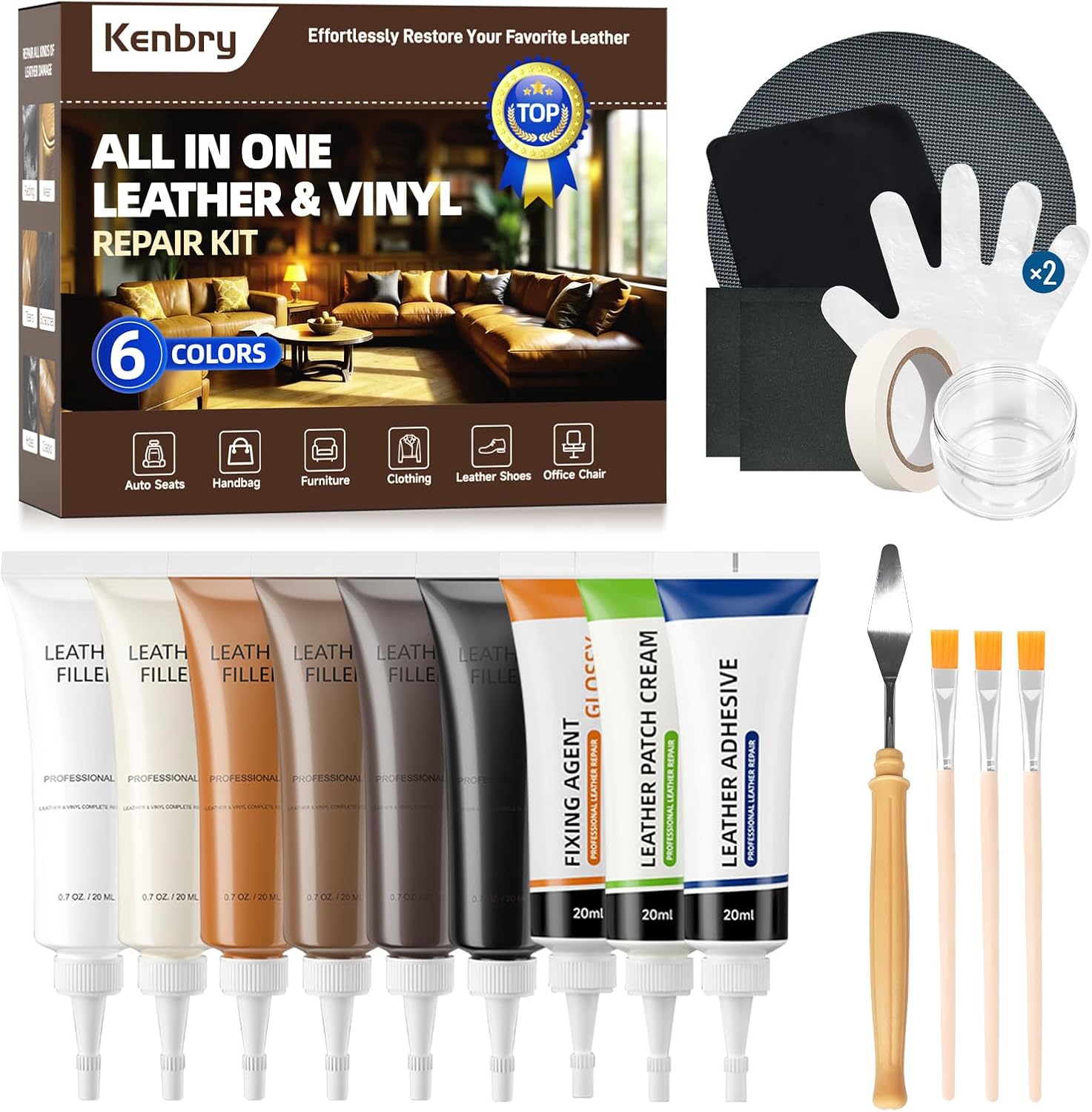 Kenbry Leather Repair Kit, Vinyl Repair Kit for Car Seat, Couch & Furniture, Leather Filler & Scratch Repair for Auto Interior, Leather & Vinyl Restoration