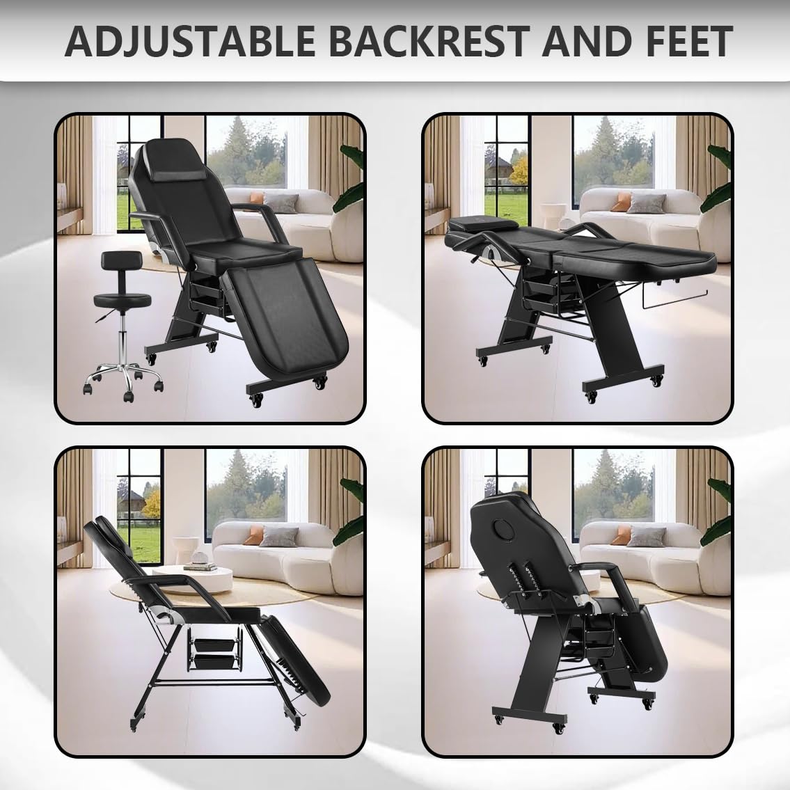 Facial Chair with Wheel Tattoo Chair for Client Beauty Chair Artist Spa Bed Removable Headrest for Client, Esthetician, Artist, Lash Bed Black - Image 7