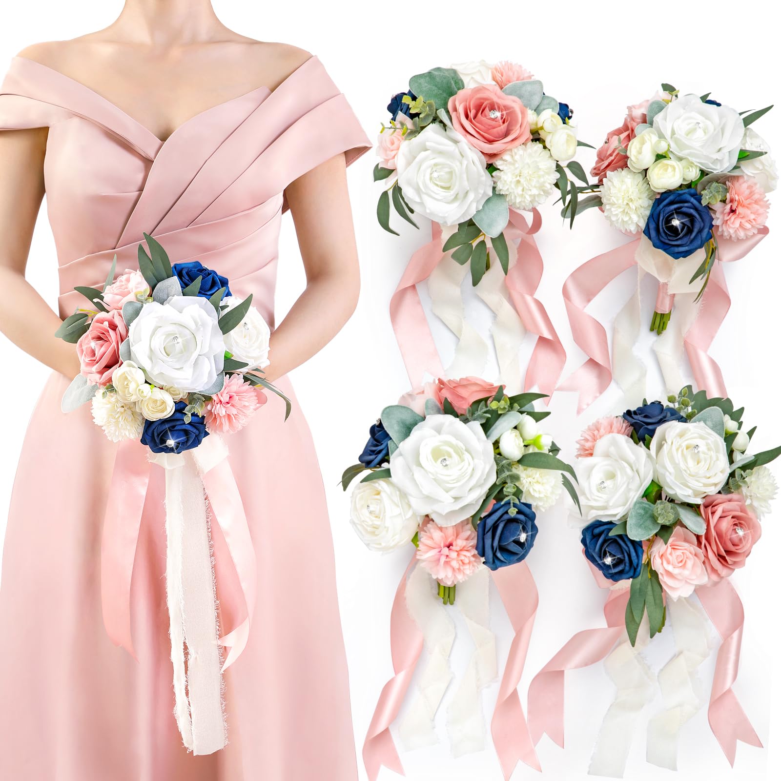 Serwalin 9.5in Wedding Bouquets for Bridesmaid, Set of 4, White and Pink Bridesmaid Bouquet for Wedding Ceremony Festivals Bridal Shower Dinner