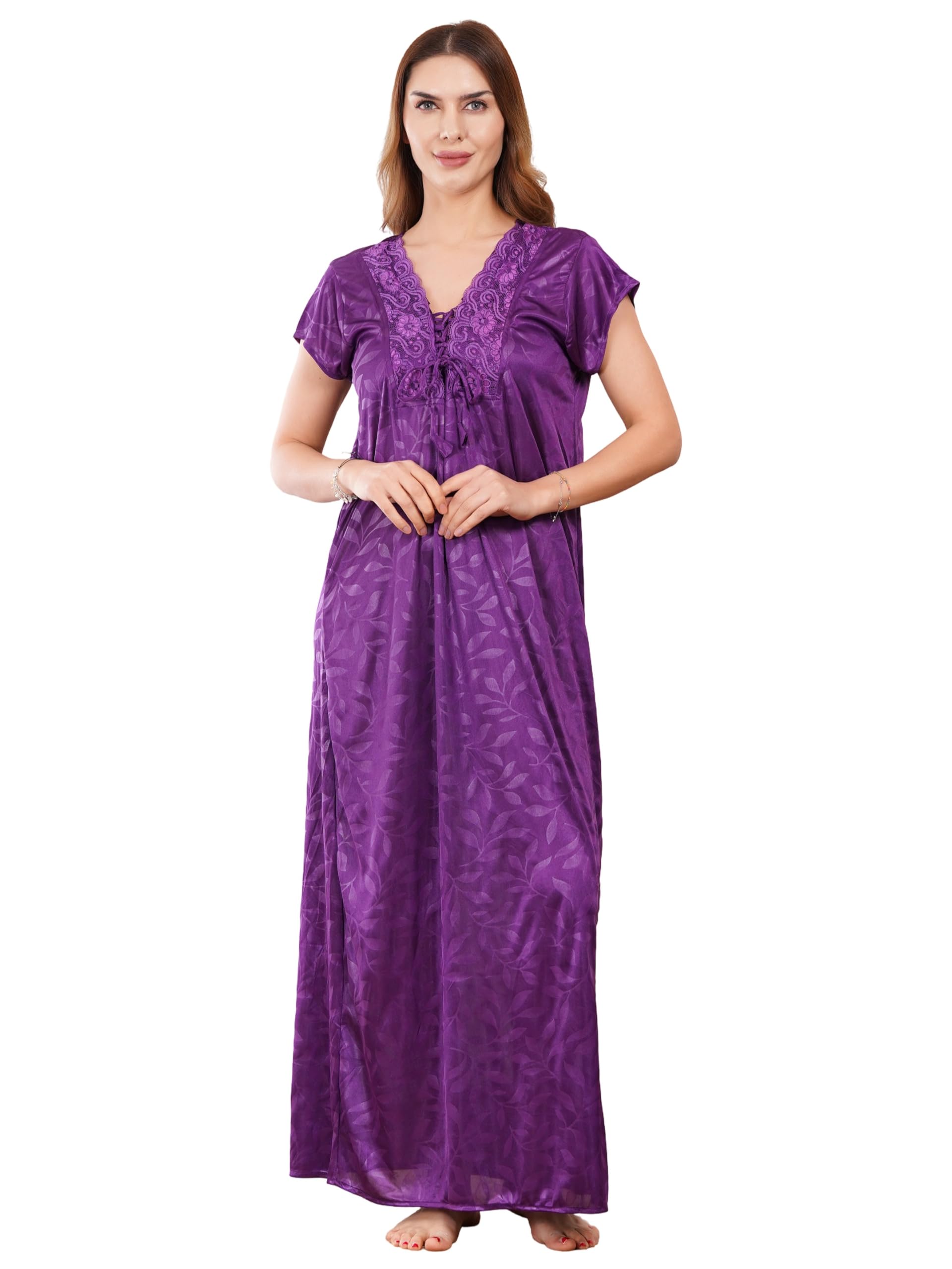 Rubicon Lingeries Women's Satin Nighty, Full Length Nightgown with Lace Detail, Short Sleeve Sleepwear-image-27