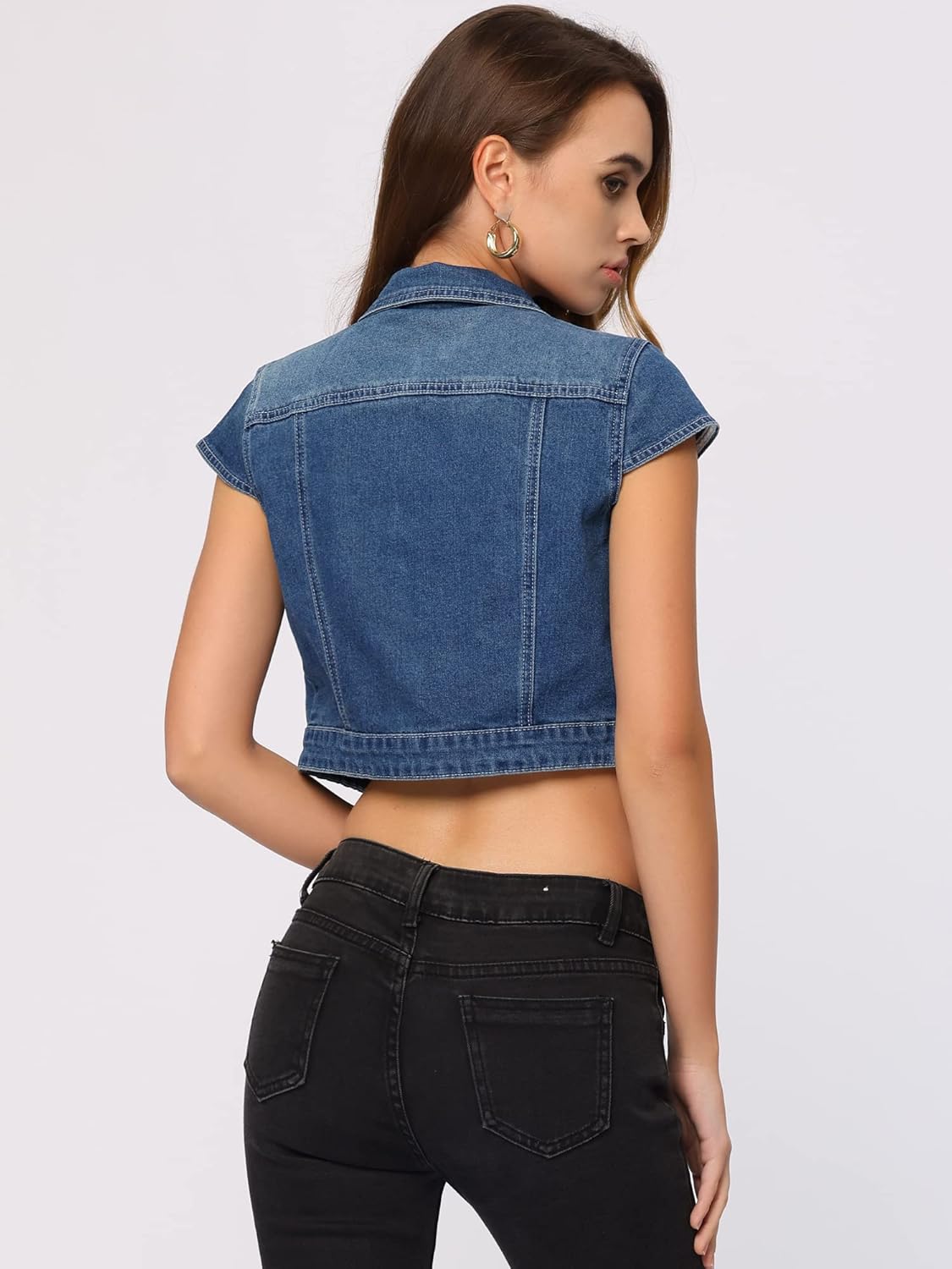 Allegra K Women's 2024 Summer Button Down Cap Short Sleeve Cropped Jean Denim Jacket - Image 4