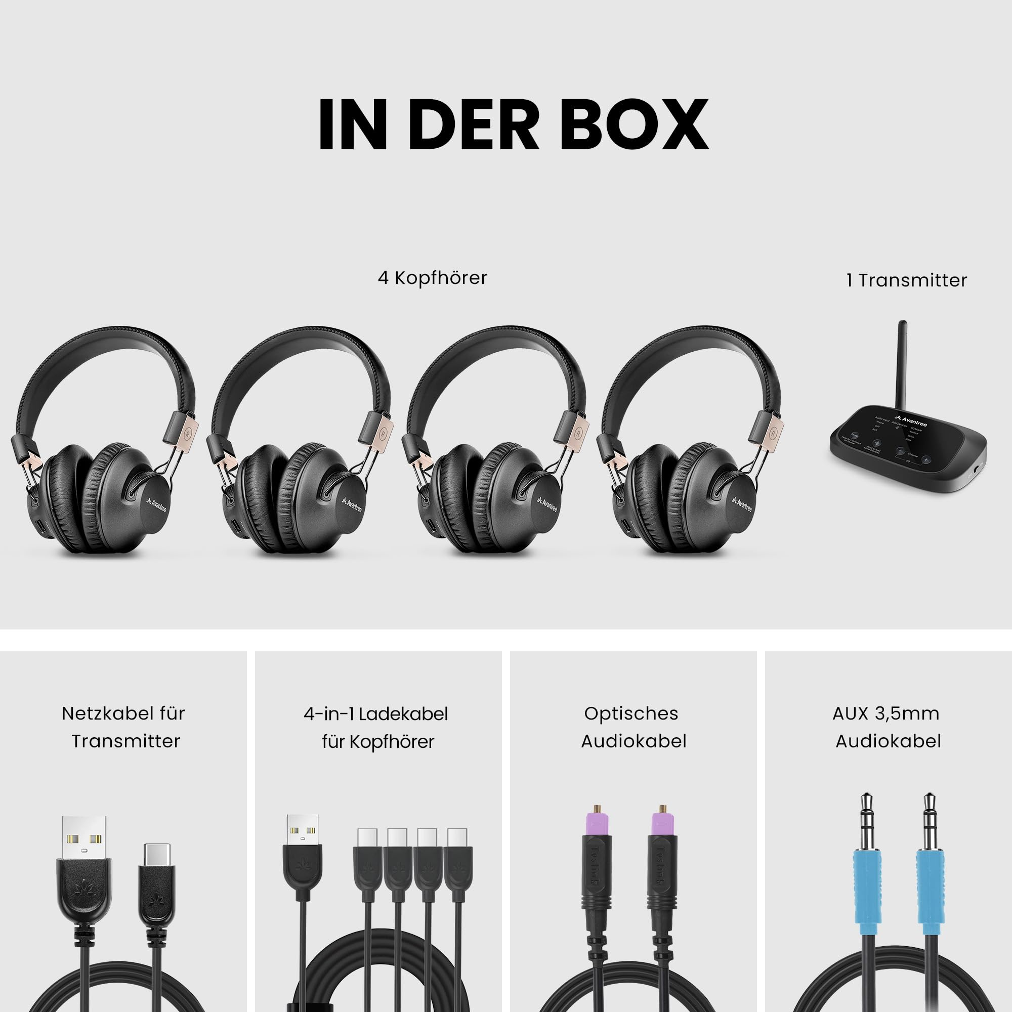 Avantree Quartet 2 – Bluetooth-kompatibles kabelloses Gruppenhörsystem mit Kopfhörern & Sender für Partys, Silent Discos, TV – Mehrere Kopfhörer mit niedriger Latenz & klarem Sound