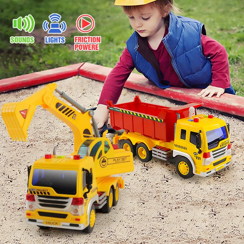 Gizmovine 2Pcs Engineering Truck Toys Set, Excavator Toys with Lights and Sounds, Powered Dump Construction Vehicles for Boys Girls Kids, 1:16 Scale : Toys & Games