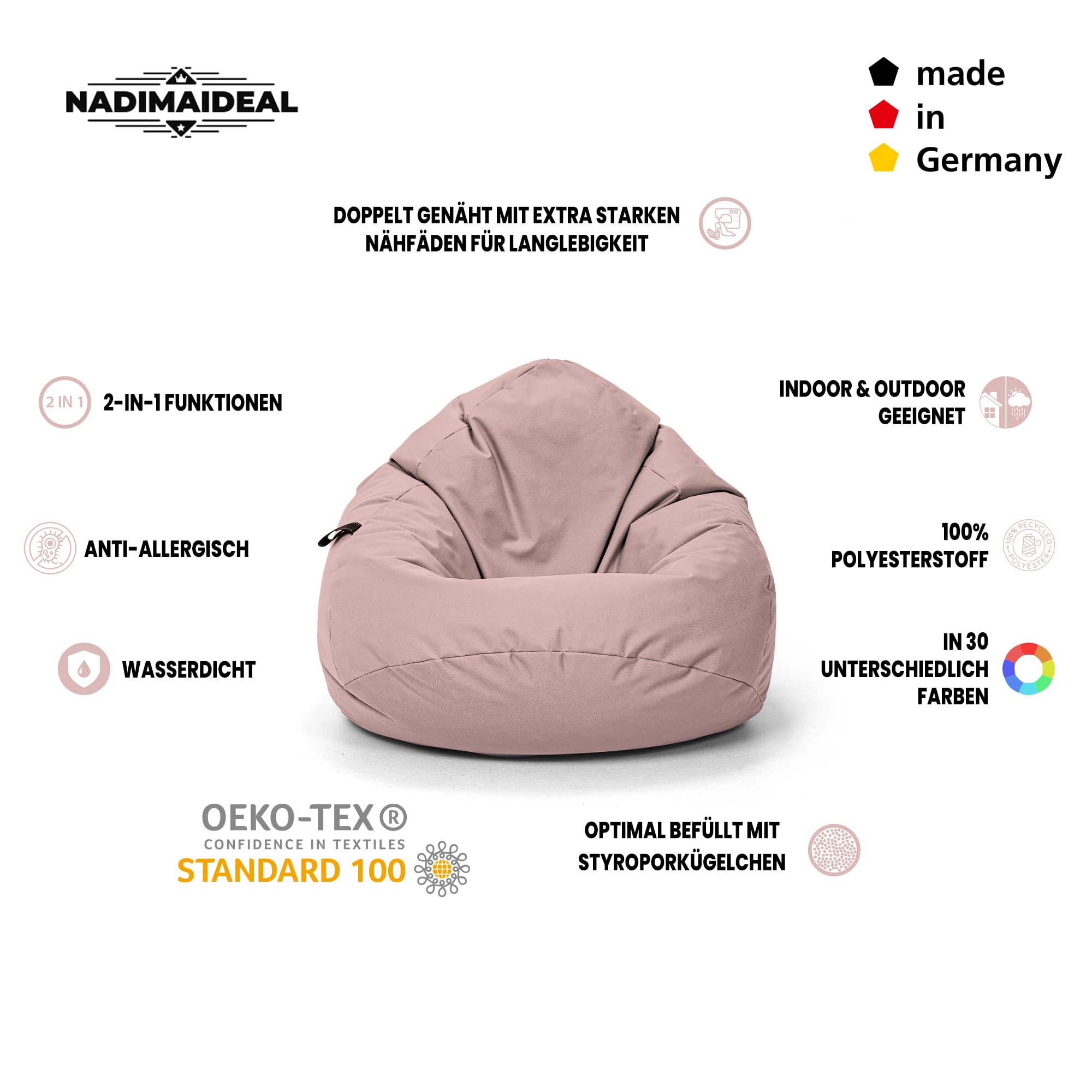 Sitzsack Tropfenform Kastanie | Bodenkissen für Kinder & Erwachsene | Indoor & Outdoor | Gaming Sitzsack - Sitzkissen - Beanbag | Füllung EPS Perlen (Puderrosa, XL-Durchmesser 77 cm)