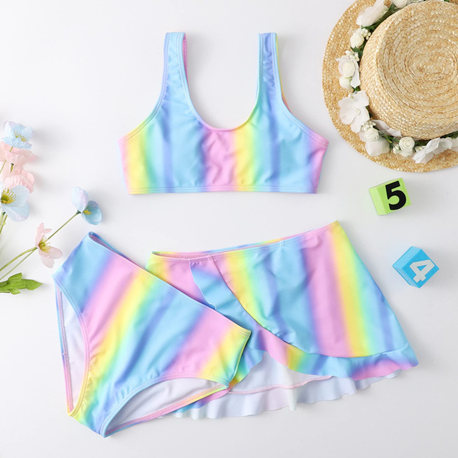 Bikini de niña adolescente con falda niños pequeños bebé niña primavera verano colorido estampado algodón sin mangas secado rápido playa traje de baño natación 3 piezas bikini ropa