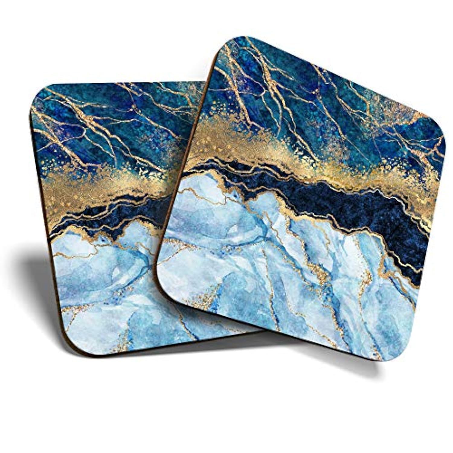 Great Coasters (Set of 2) Square/Glossy Quality Coasters/Tabletop Protection for Any Table Type - Marbled Art Effect Blue Gold Marble #21152