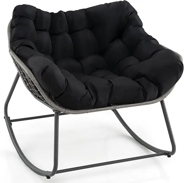 Oversized Outdoor Wicker Rocking Chair with Removable Cushion - Black