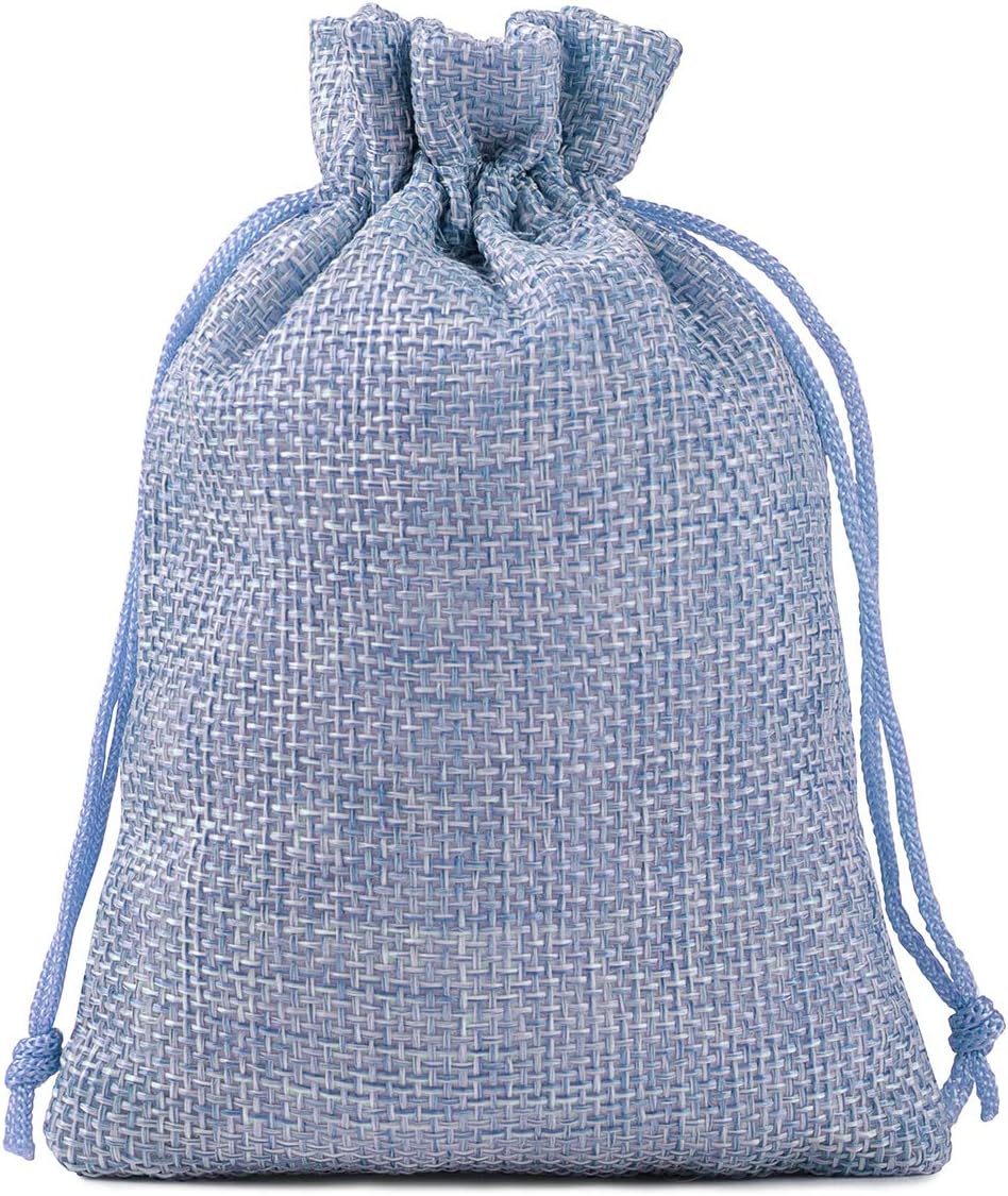 Lucky Monet 25/50/100PCS Burlap Gift Bags with Drawstring Linen Jewelry Pouches Wedding Hessian Jute Bags for Birthday Party Wedding Favors Gift Art and DIY Craft (100Pcs, Baby Blue, 7" x 9")